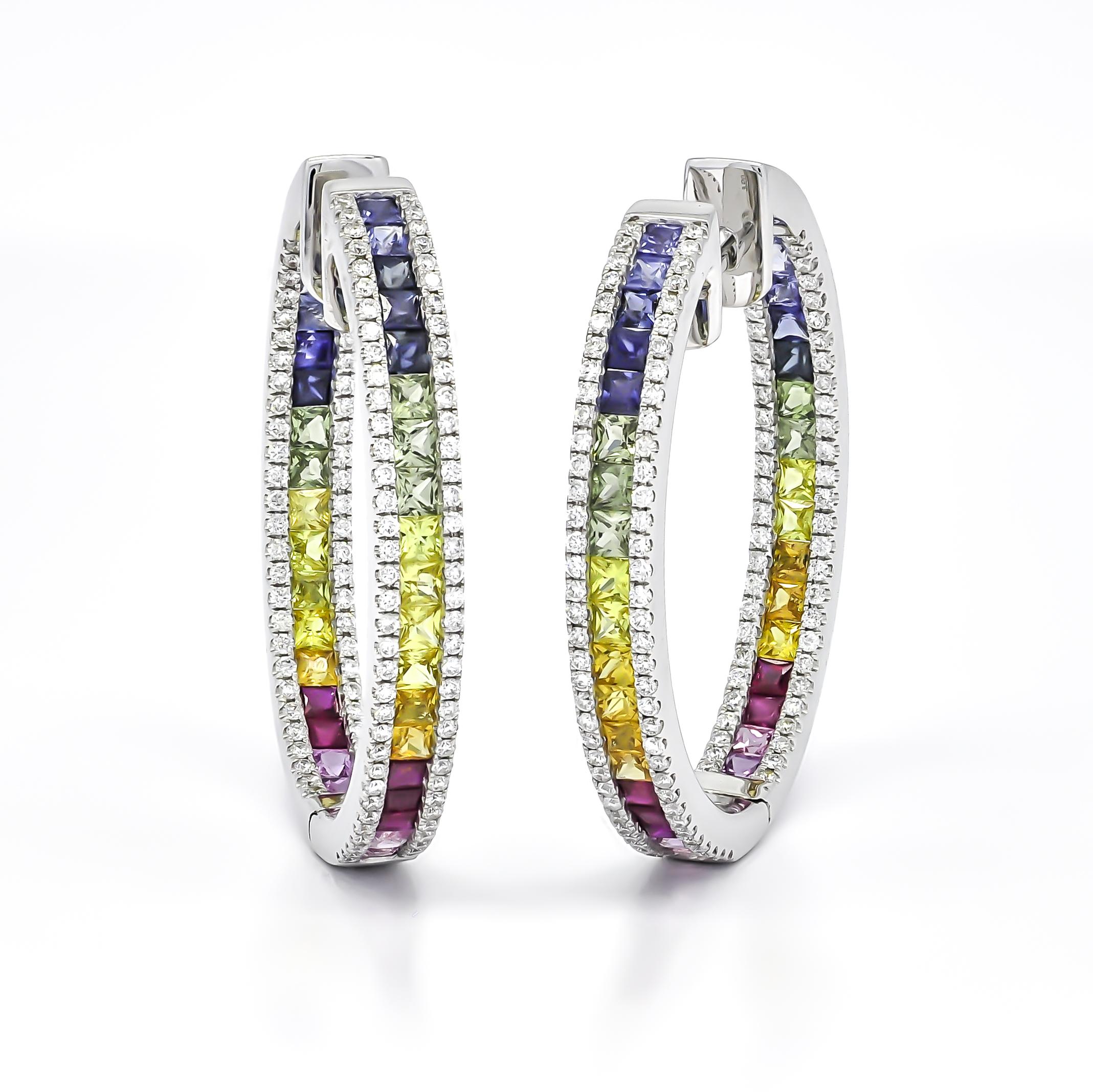 Women's Natural Diamond 1.27 carats Natural Sapphire In and out Hoop Earrings For Sale