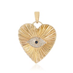 Natural Diamond 14k Gold Heart Pendant Evil Eye Blue Sapphire Fine Jewelry