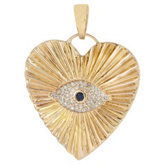 Natural Diamond 14k Gold Heart Pendant Evil Eye Blue Sapphire Fine Jewelry