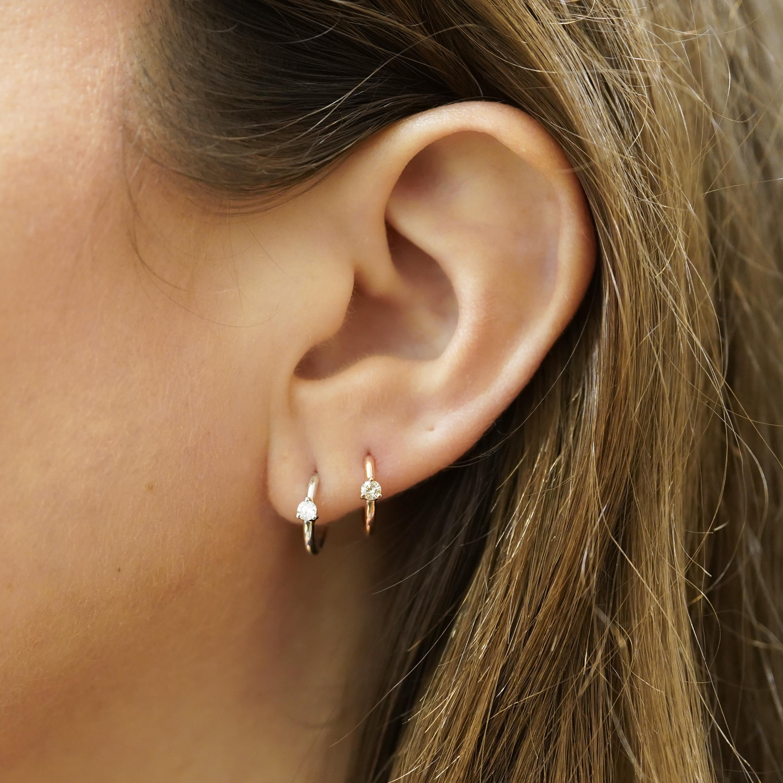 Round Cut Natural Diamond 14K Huggie Hoop Earrings Multi Ear Placement For Sale