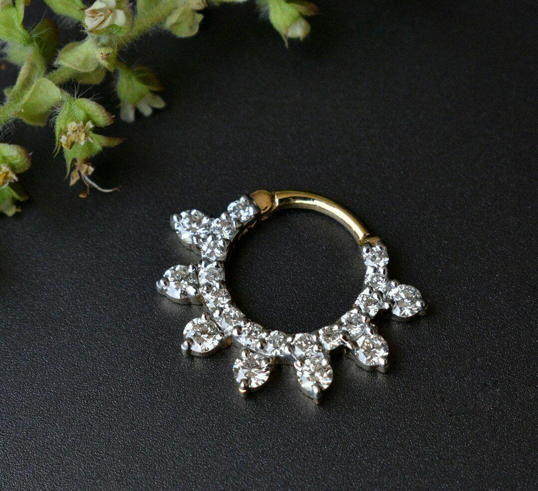 Septum Clicker, natürlicher Diamant 14k Massivgold-Schmuck mit durchbohrtem Ohrring, Septum-Schmuck für Damen oder Herren im Angebot