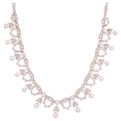 Natural Diamond, 14K White Gold Bib Style Necklace