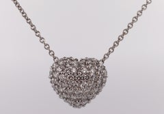 Natural Diamond, 14K White Gold Pave Puffed Heart Pendant-Necklace