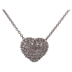 Natural Diamond, 14K White Gold Pave Puffed Heart Pendant-Necklace