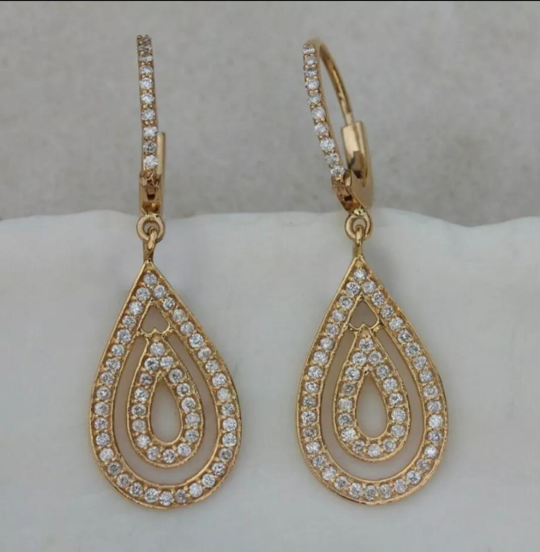Art déco Pendants d'oreilles pendants en or jaune 14 carats avec diamants naturels, faits à la main, cadeau de haute joaillerie en vente