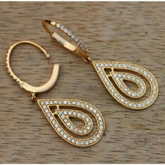 Natural Diamond 14K Yellow Gold Dangle Drop Earrings Handmade