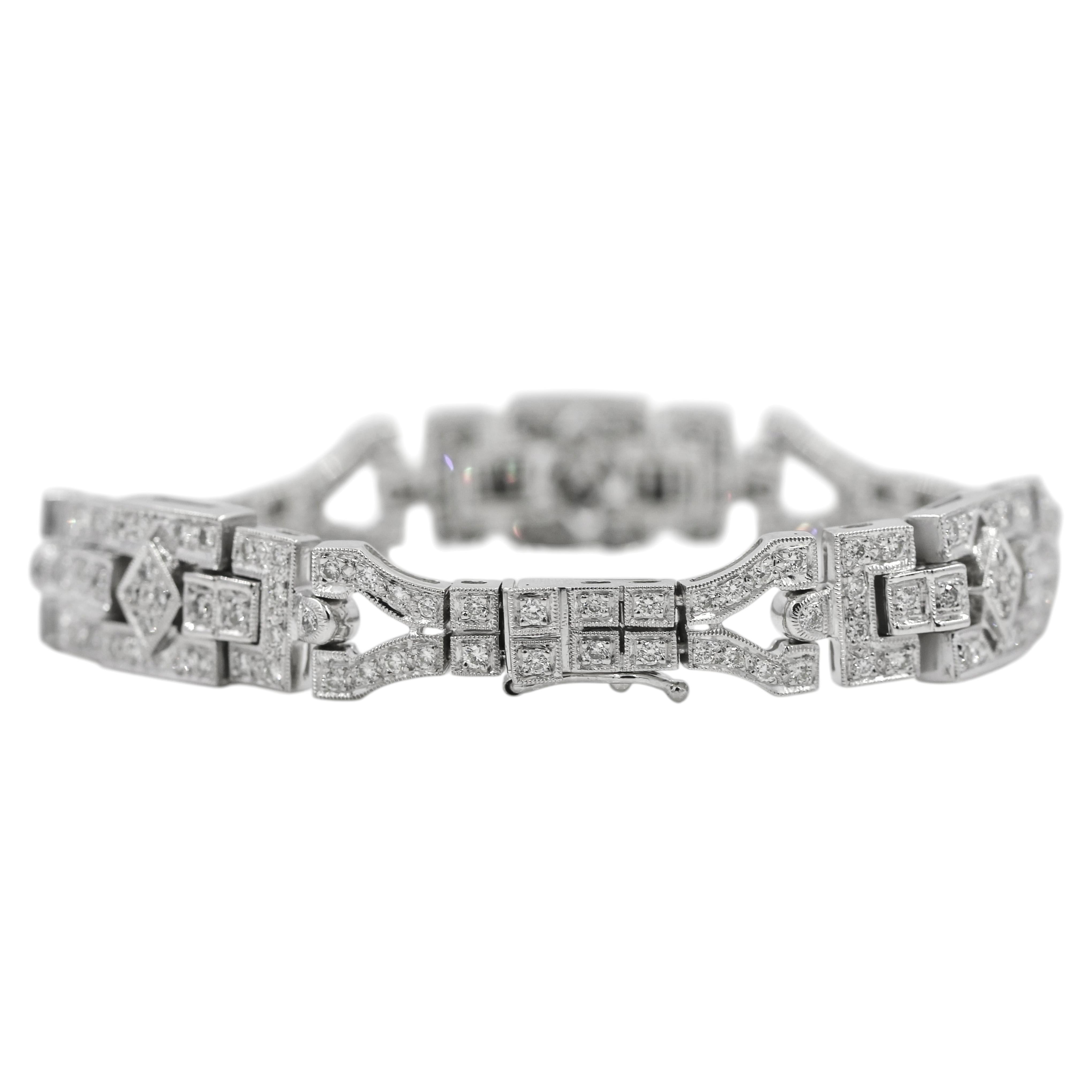 Bracelet Art déco à maillons géométriques en or blanc 18 carats, serti d'un diamant naturel de 1,50 carat