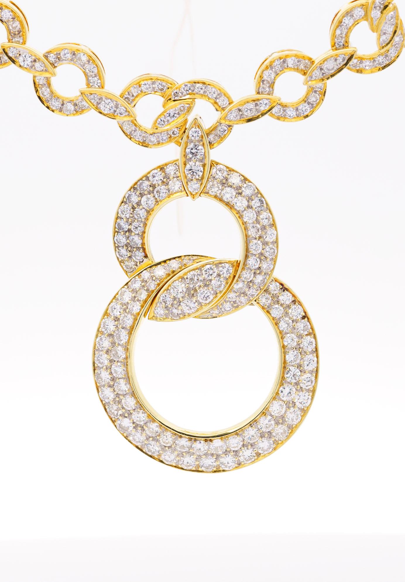 Natural Diamond 16 Carat Round-Brilliant Cut 18K Interlocking Circle Necklace For Sale 2