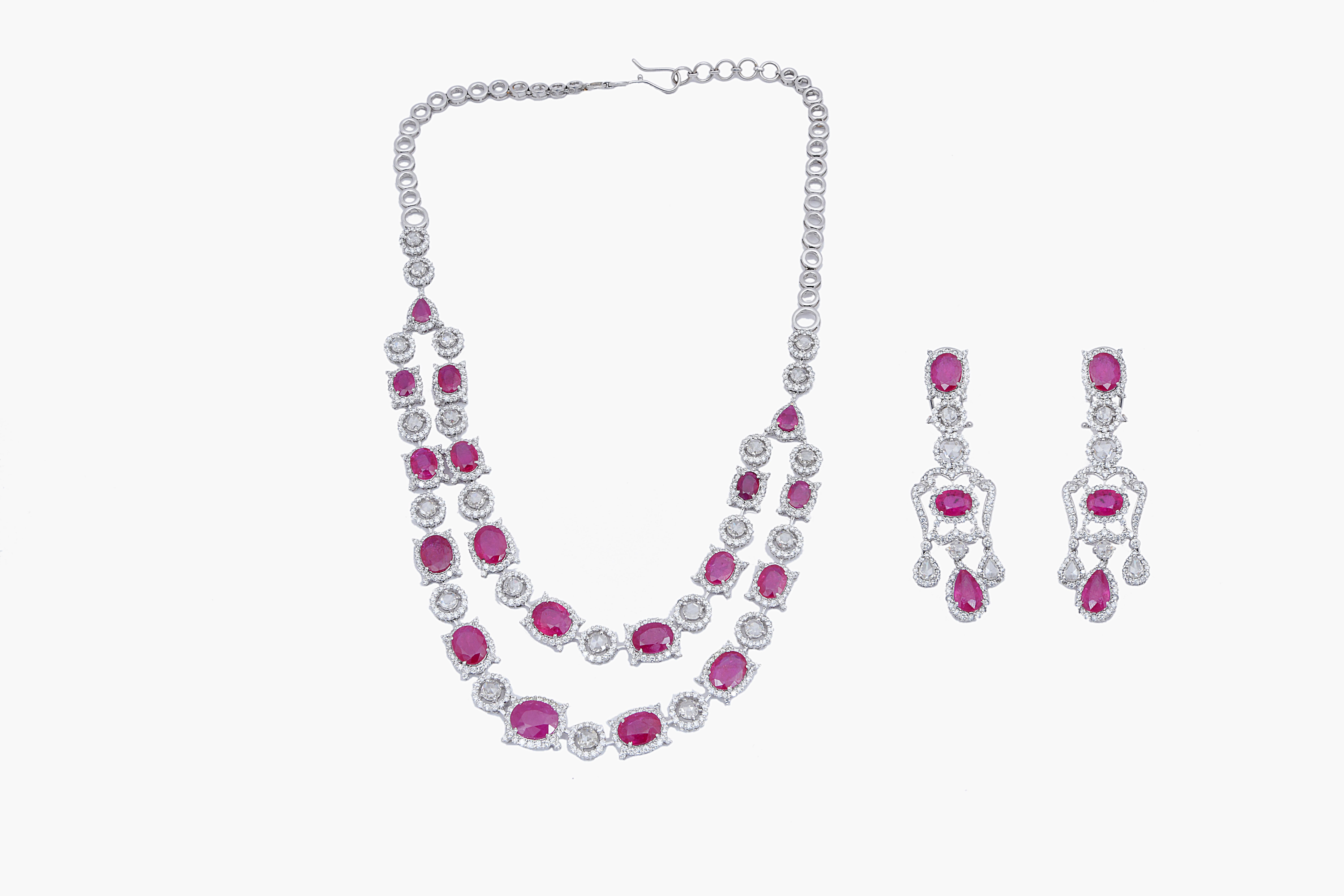 
This is an amazing necklace set with 

Diamonds : 16.44 carats

Gold : 65.64 gms (14k)

Ruby  : 36.47 carats




It's a perfect necklace set for a party wear. the quality of Diamonds are FG colour and vsi purity


 . Please read my reviews to make