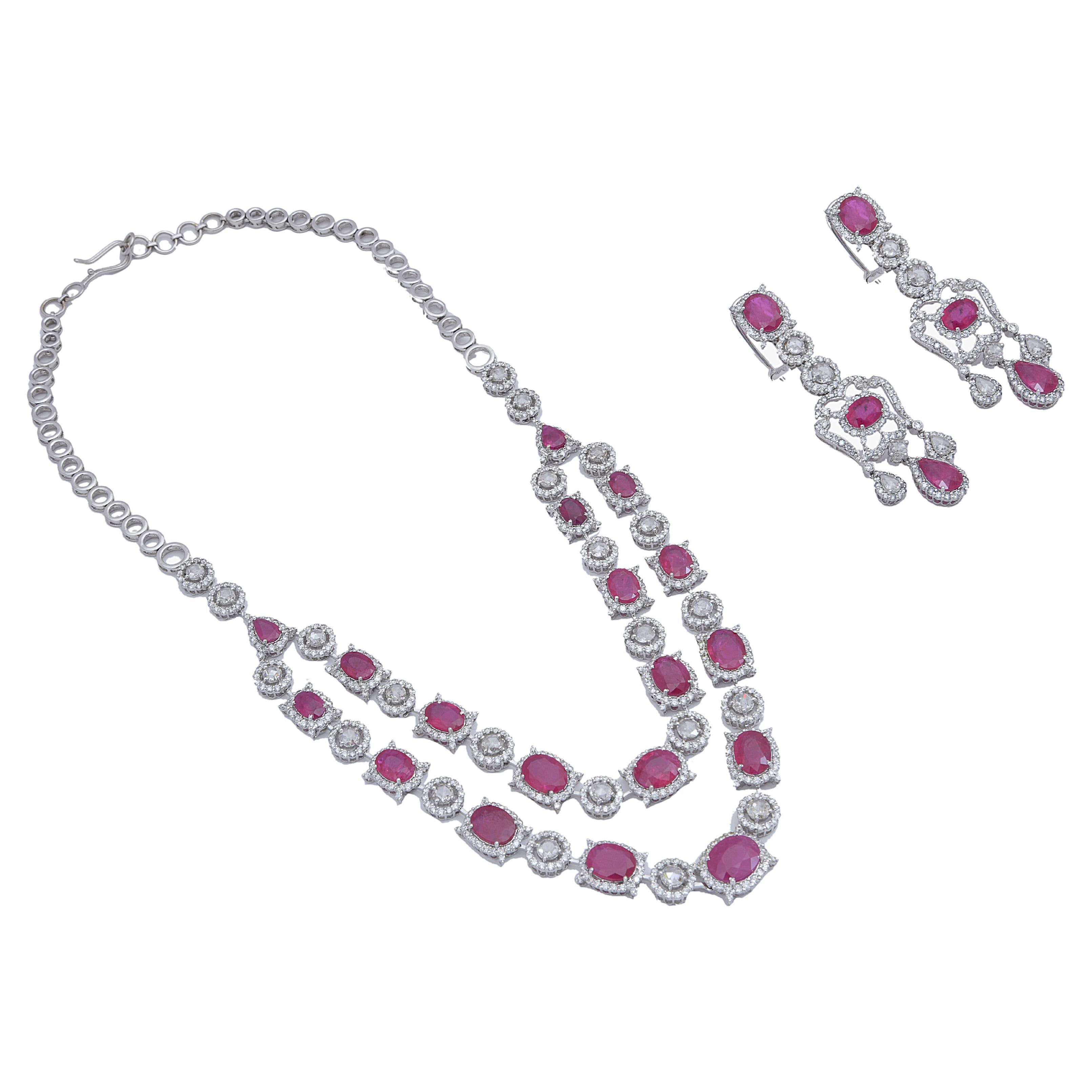 Natural Diamond 16.44 Carats and Natural Ruby 36.47 Carats Necklace Set in 14k For Sale