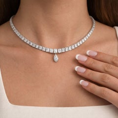 Natural Diamond 16.71 Ct Emerald Cut Choker Pear Drop 18K White Gold Necklace