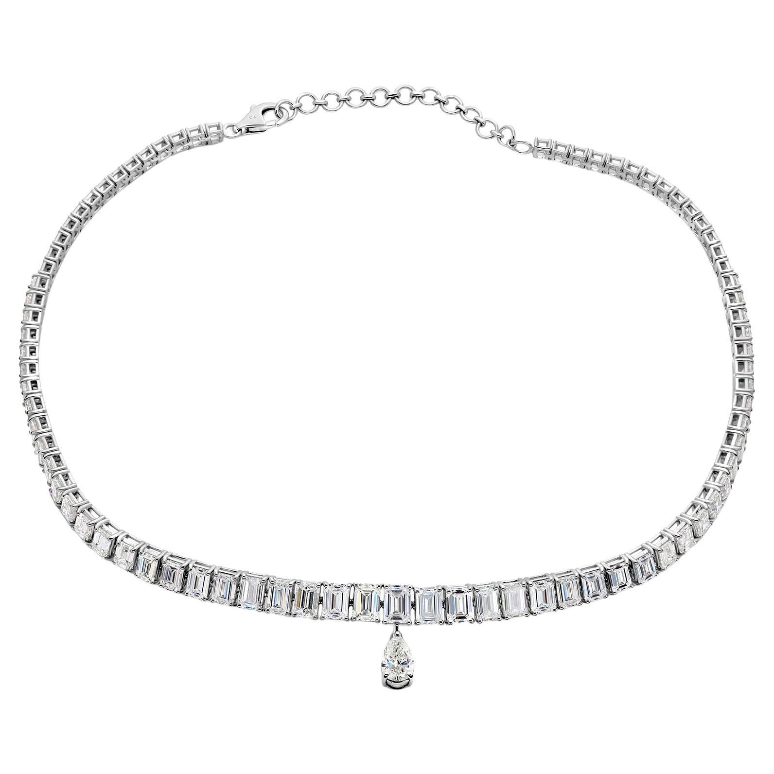 Natural Diamond Emerald Cut Necklace, 16.71 Cts, 18K White Gold, Wedding Gifts