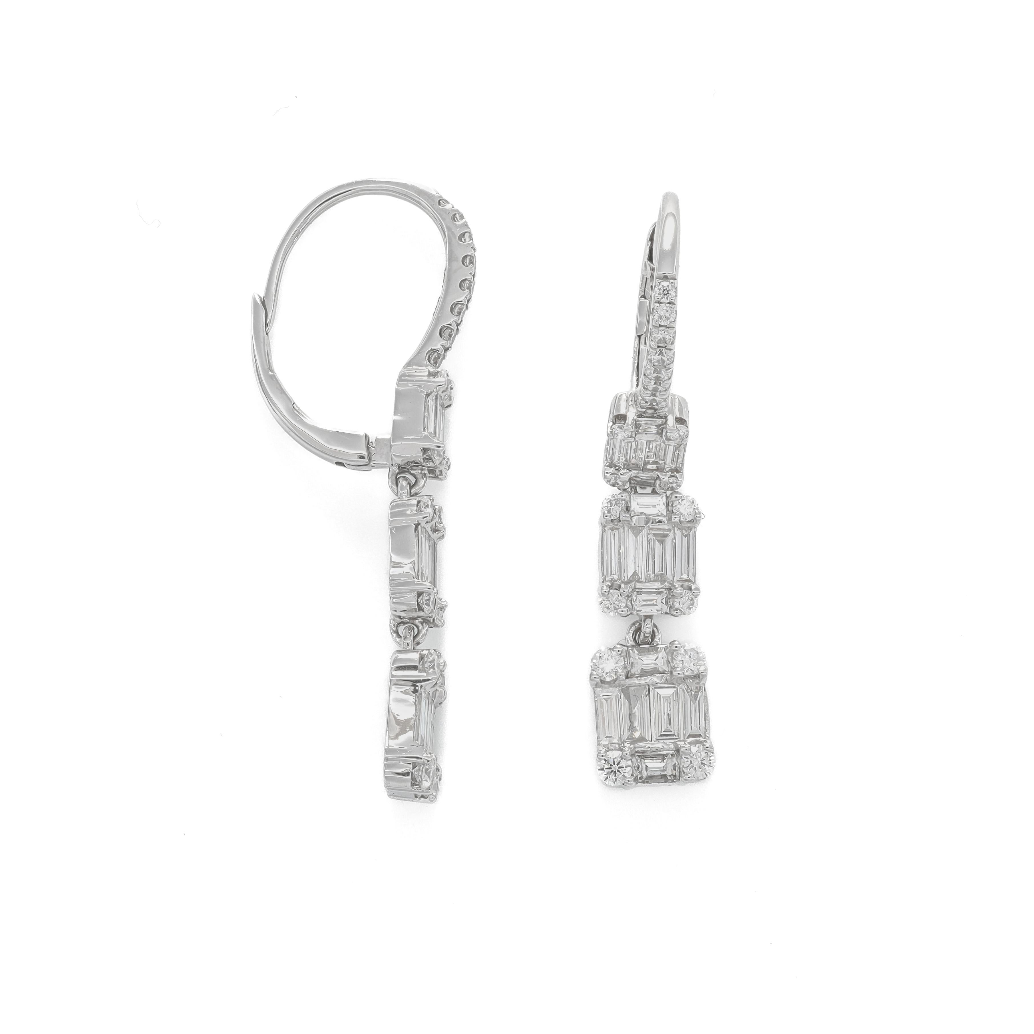 Modern Natural Diamond 1.85 carats 18 Karat White Gold Drop Dangler Earrings  For Sale