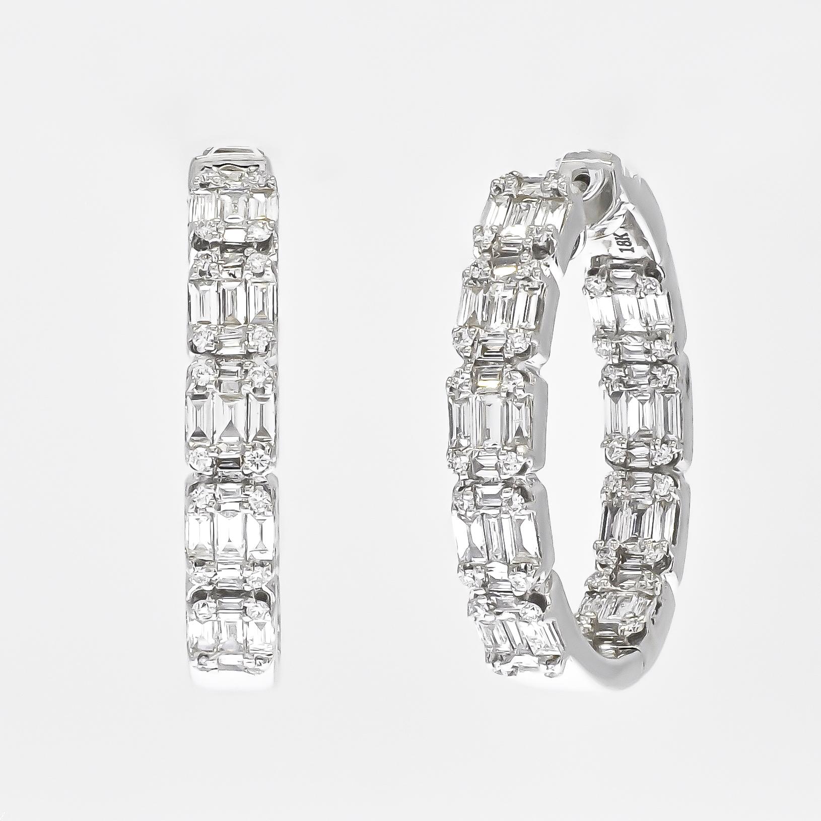 Modern Natural Diamond 1.85 carats 18KT White Gold 'In and Out' Hoop Earrings For Sale