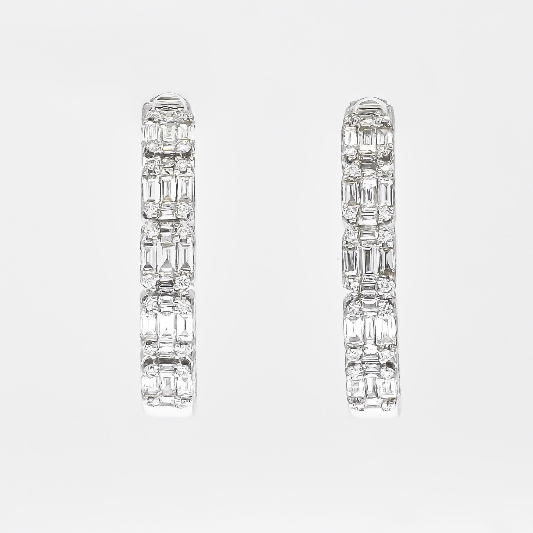 Baguette Cut Natural Diamond 1.85 carats 18KT White Gold 'In and Out' Hoop Earrings For Sale