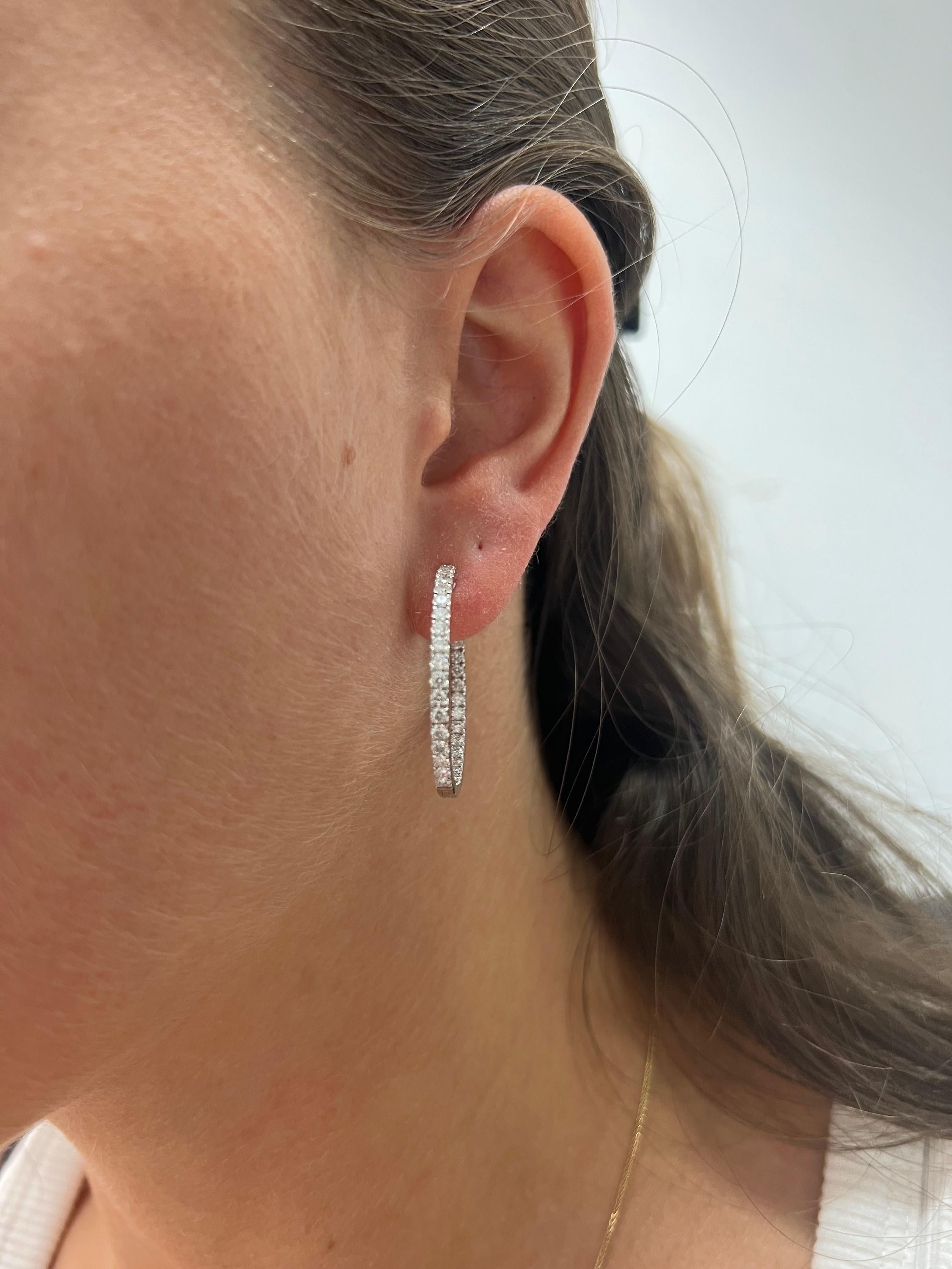 Women's Natural Diamond 1.94CT 18Karat White Gold Inside/Out Hoop Earrings For Sale