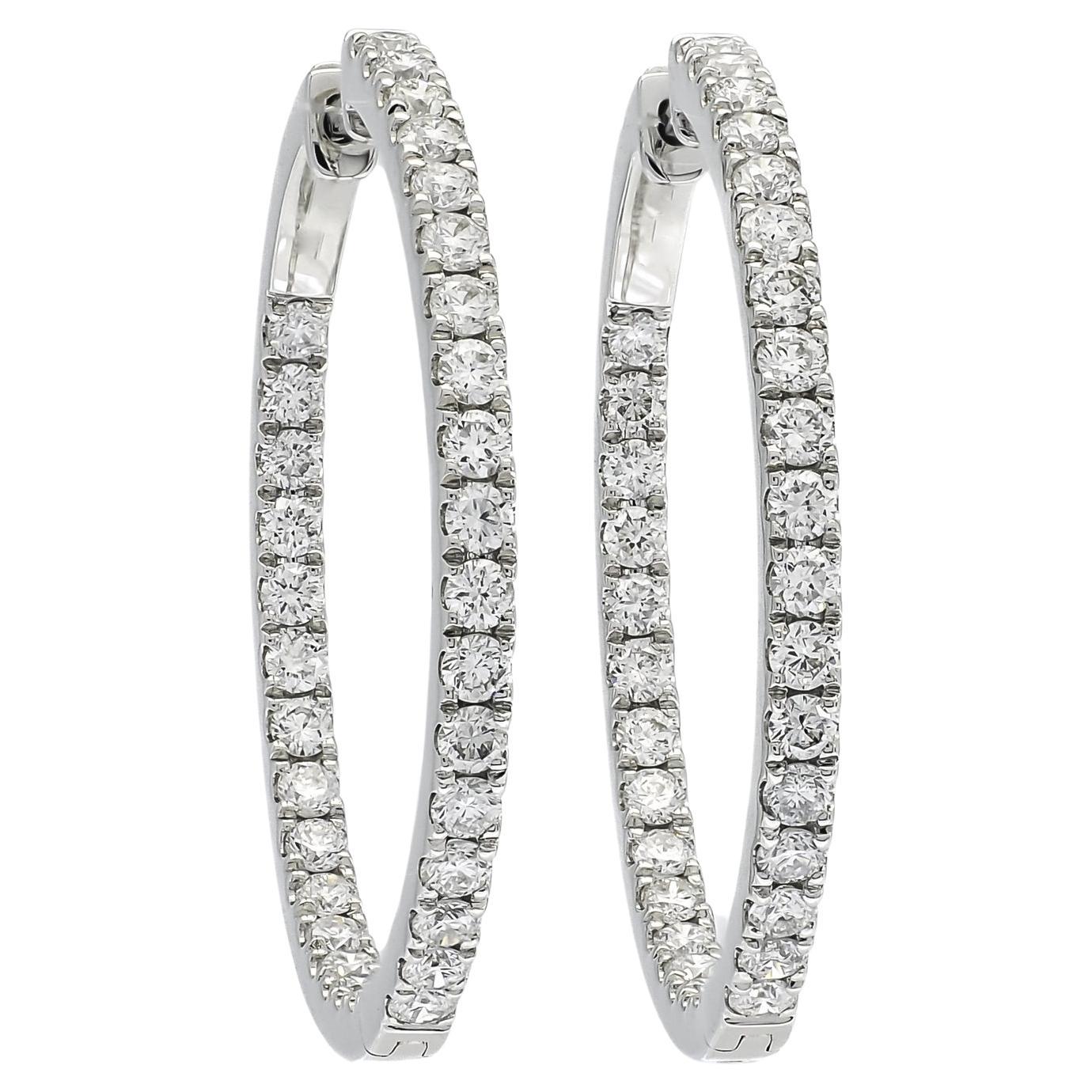 Natural Diamond 1.94CT 18Karat White Gold Inside/Out Hoop Earrings For Sale