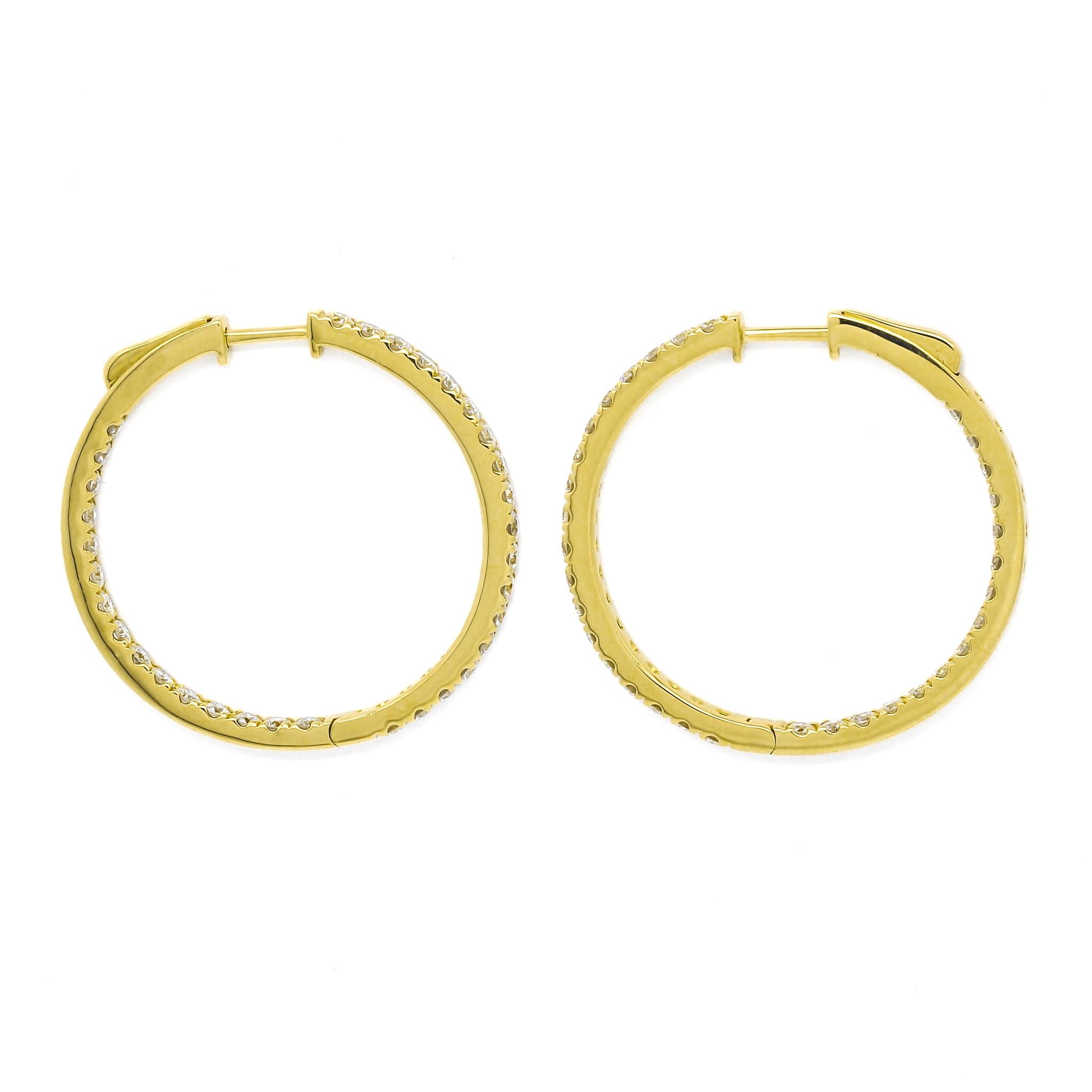 Modern Natural Diamond 1.94CT 18Karat Yellow Gold Inside/Out Hoop Earrings For Sale
