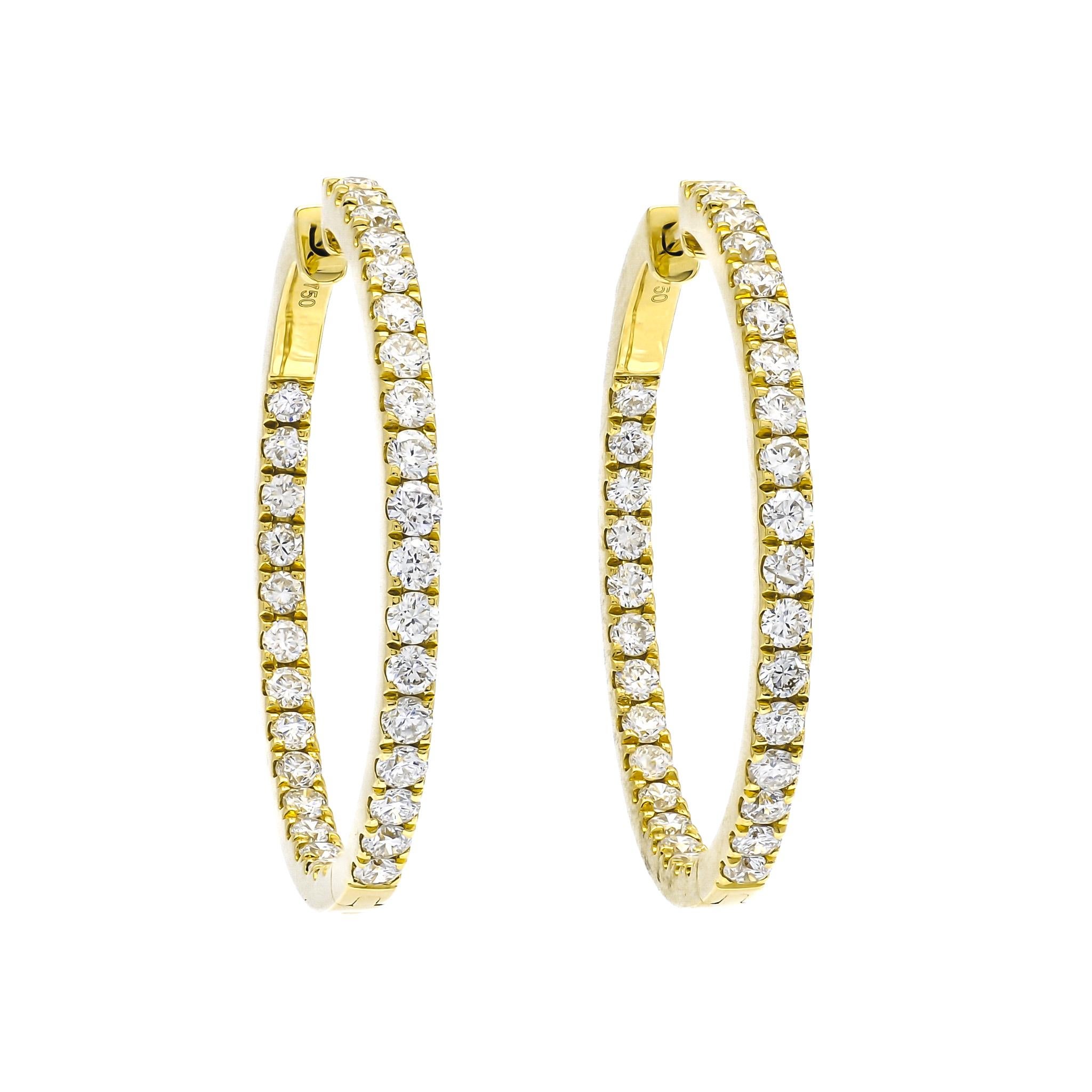 Brilliant Cut Natural Diamond 1.94CT 18Karat Yellow Gold Inside/Out Hoop Earrings For Sale
