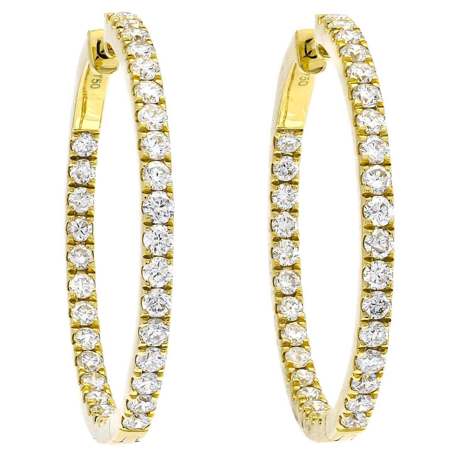 Natural Diamond 1.94CT 18Karat Yellow Gold Inside/Out Hoop Earrings For Sale