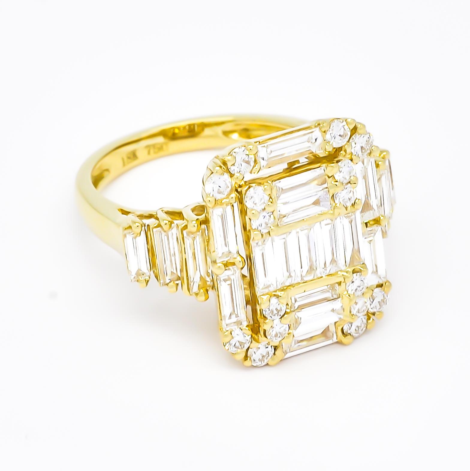 This 18KT Yellow Gold Art Deco Baguette Round Diamond Illusion Step Cut Bridal Ring is luxurious and elegant. The intricate design features a mesmerizing illusion step cut, showcasing the sparkling round diamonds in a stunning baguette setting.