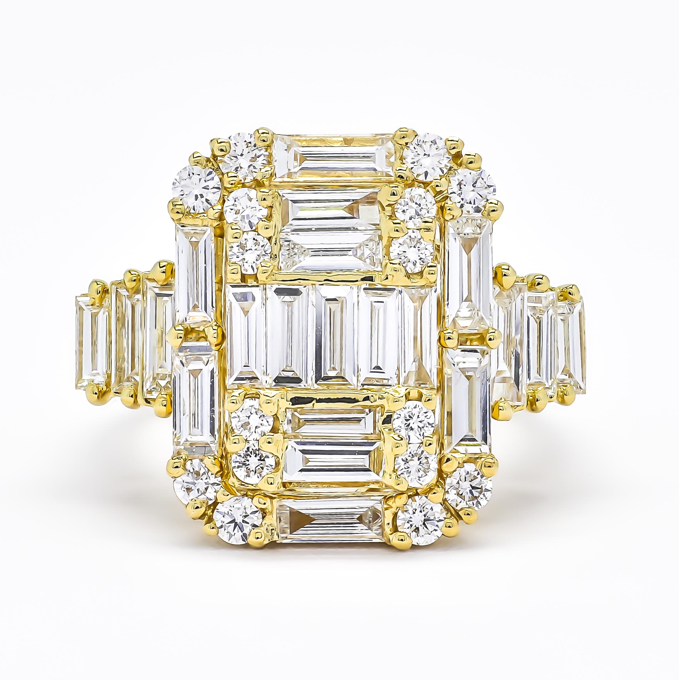Baguette Cut Natural Diamond 2.10 ct 18KT Yellow Gold Art Deco Step Cut Cocktail Ring For Sale