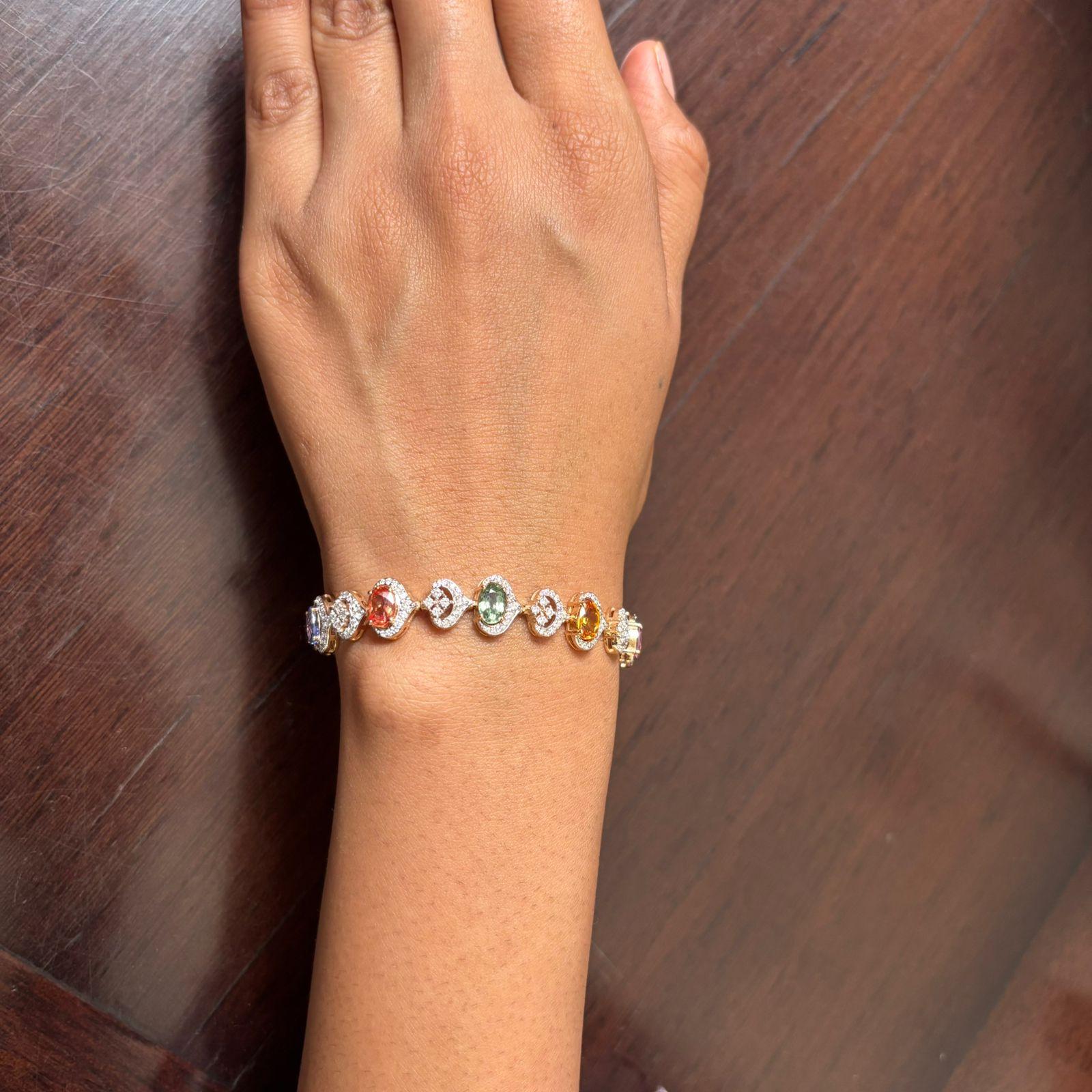 Diamante Natural 2,50cts y Zafiro Múltiple 8,85cts Pulsera de Oro de 18k en venta 2