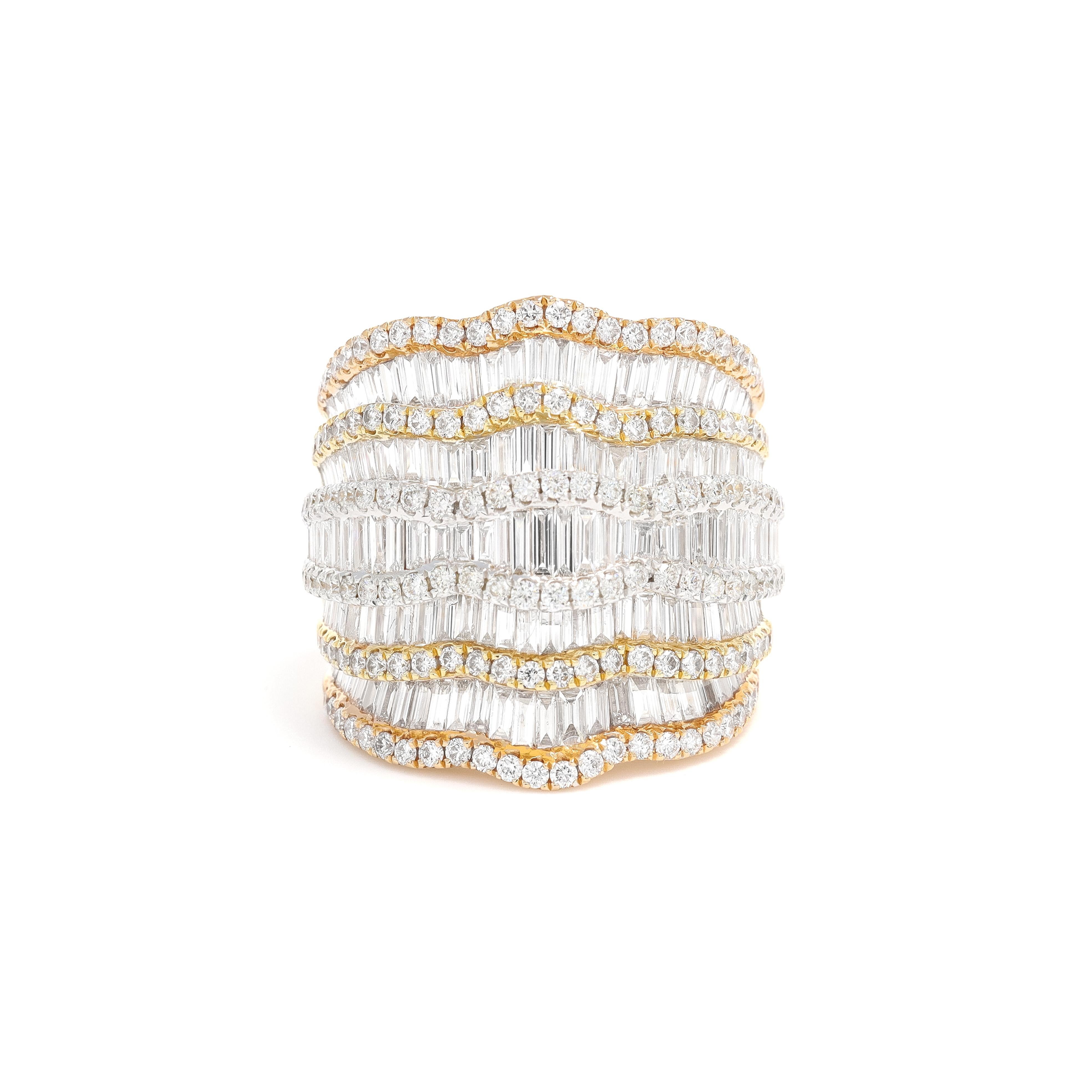 Bold Geometric Settings of Round and Baguette Diamonds Impart Light-Catching Sparkle From Every Angle of This Statement-Making White Gold Ring. With the tri colour of effect of White, Yellow and Rose Gold makes it a unique ensemble. 

This design