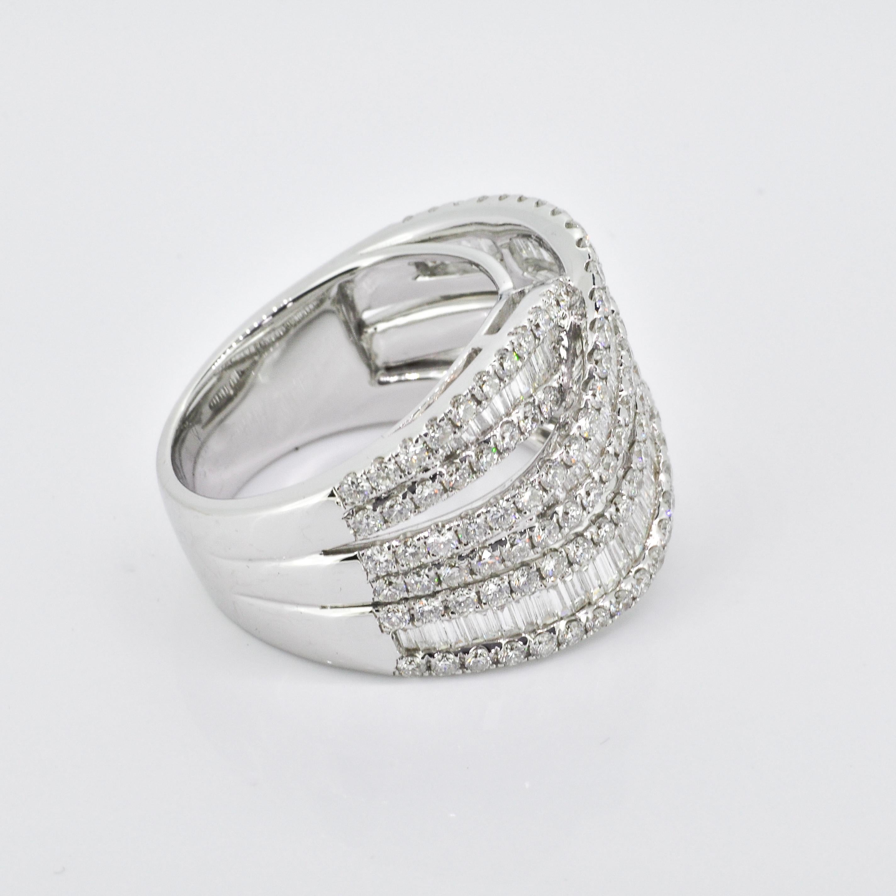 Baguette Cut Natural Diamond 2.50 carats 18KT White Gold Multi Row Statement Ring For Sale