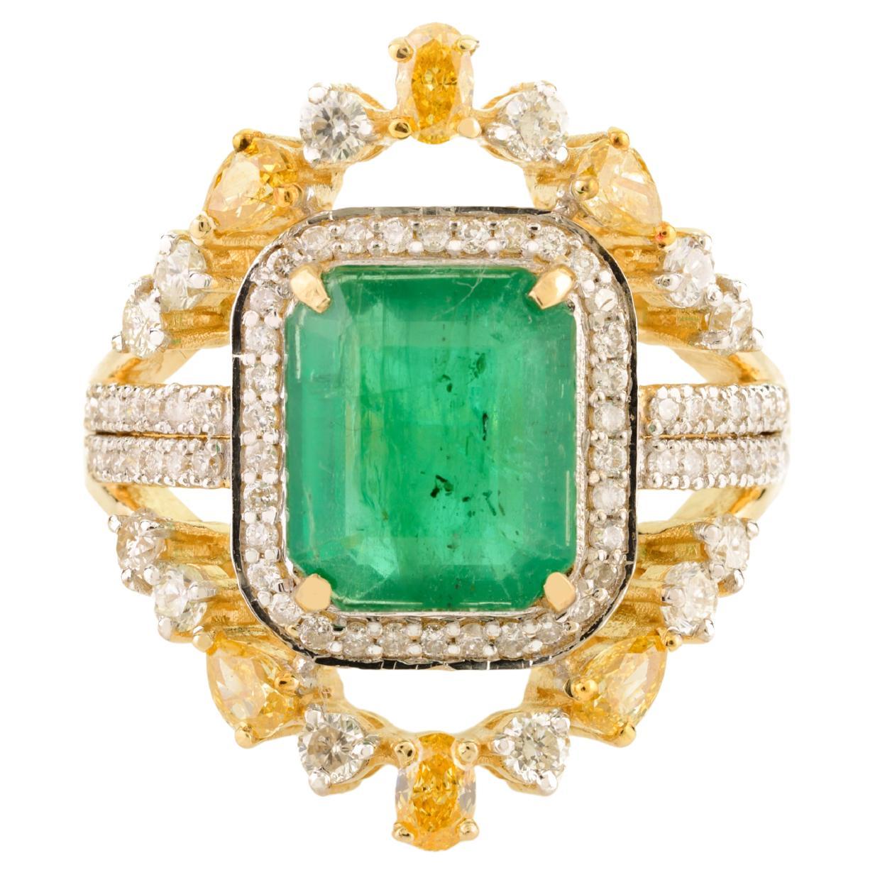 Natural Diamond & 2.53 Ct Emerald Cocktail Ring Set in 14K Solid Yellow Gold