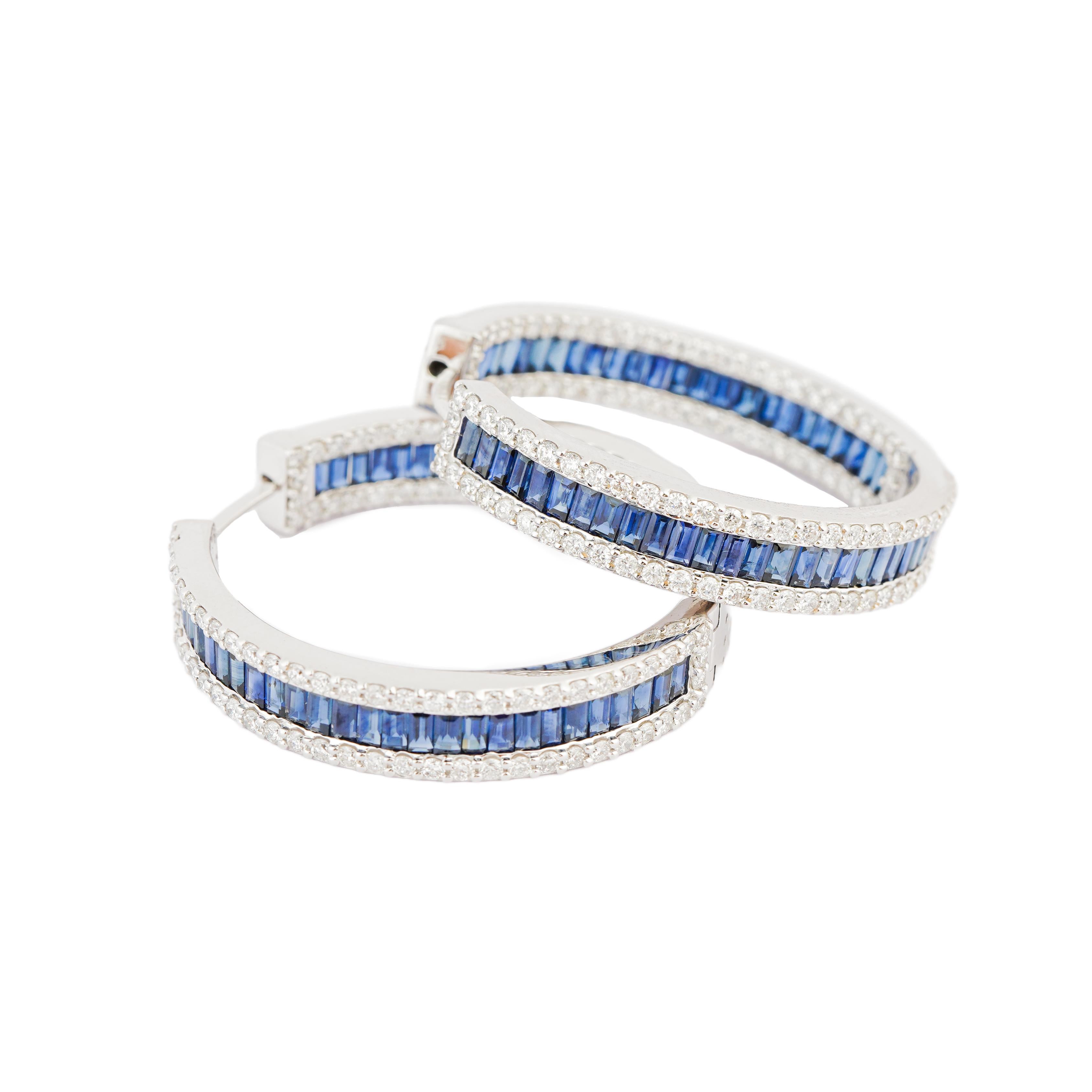Asscher Cut Natural Diamond 2.75cts & Blue Sapphire 7.41cts Earring in 18k Gold For Sale