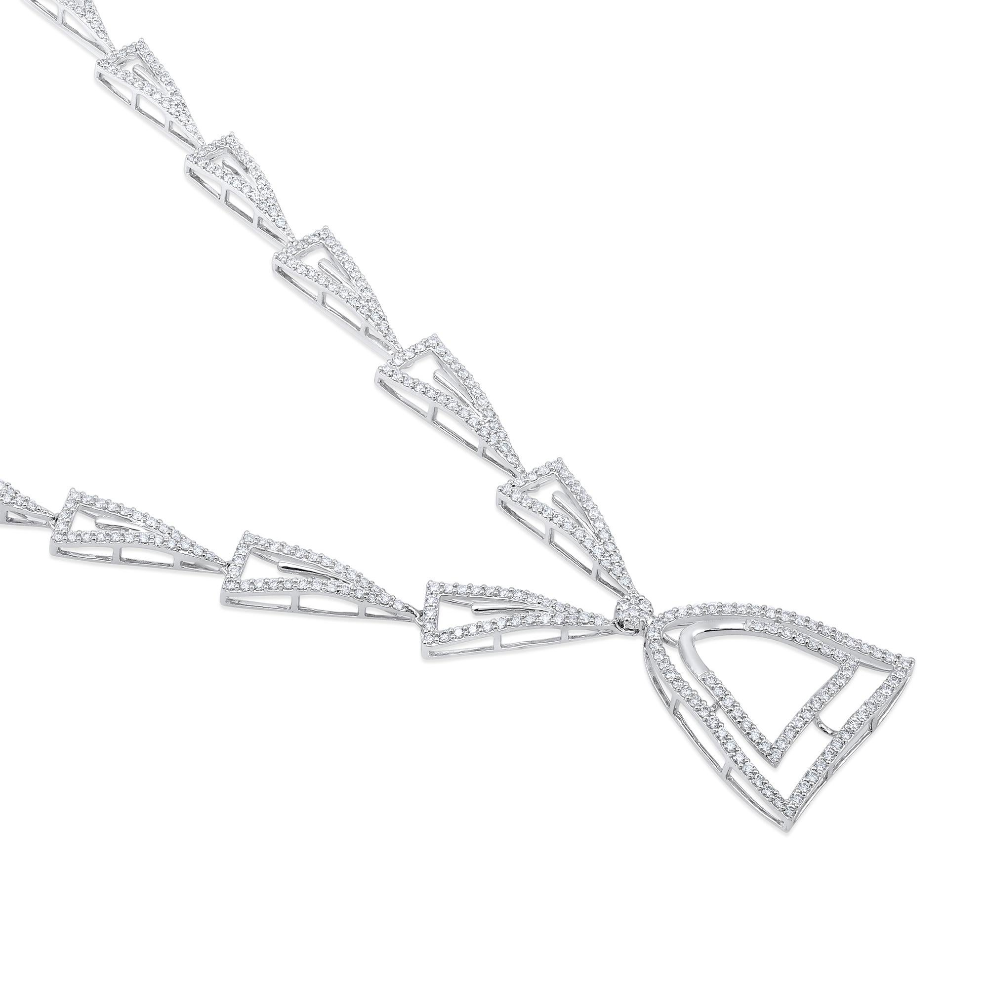 Crafted in 20.50 grams of 14-karat White Gold, contains 437 Stones of Round Diamonds with a total of 2.92-Carats in G-H Color and VS Clarity. The Necklace is 18-inch in Length.

CONTEMPORARY AND TIMELESS ESSENCE: Crafted in 14-karat/18-karat with