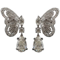 Natural Diamond 3.03Ct Butterfly Pear Drop Dangle Earrings 18k White Gold SI-H