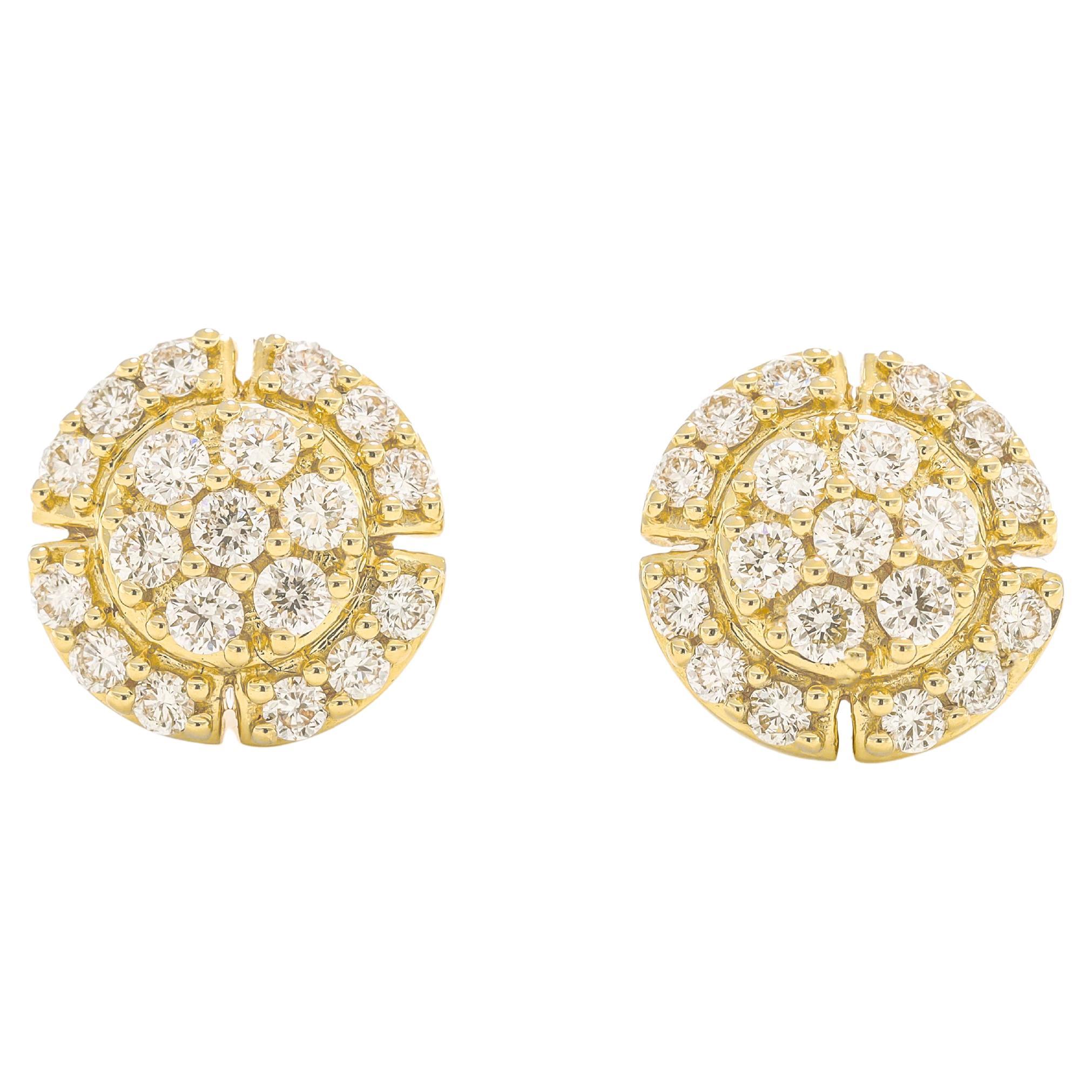 Natural Diamond .54CT 18KT Yellow Gold Round Cluster Stud Earrings  For Sale