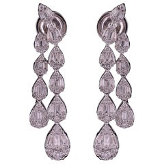 Natural Diamond 1.54Ct Baguette & Round Cut Drop Earrings 18k Solid White Gold