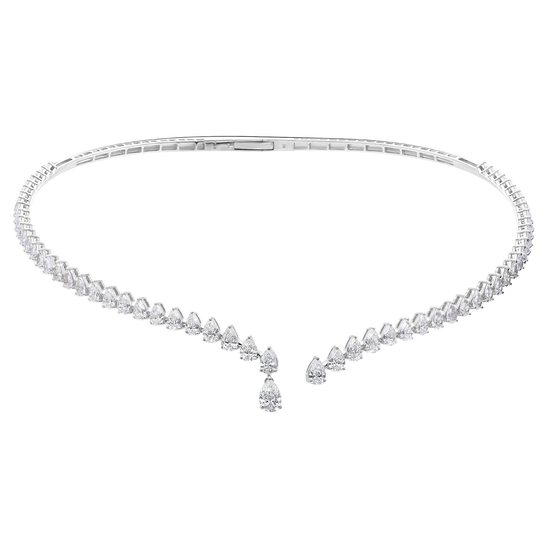 Pear Shape Diamond Choker Open Necklace 6.48 Carat in 14K White Gold for Gift