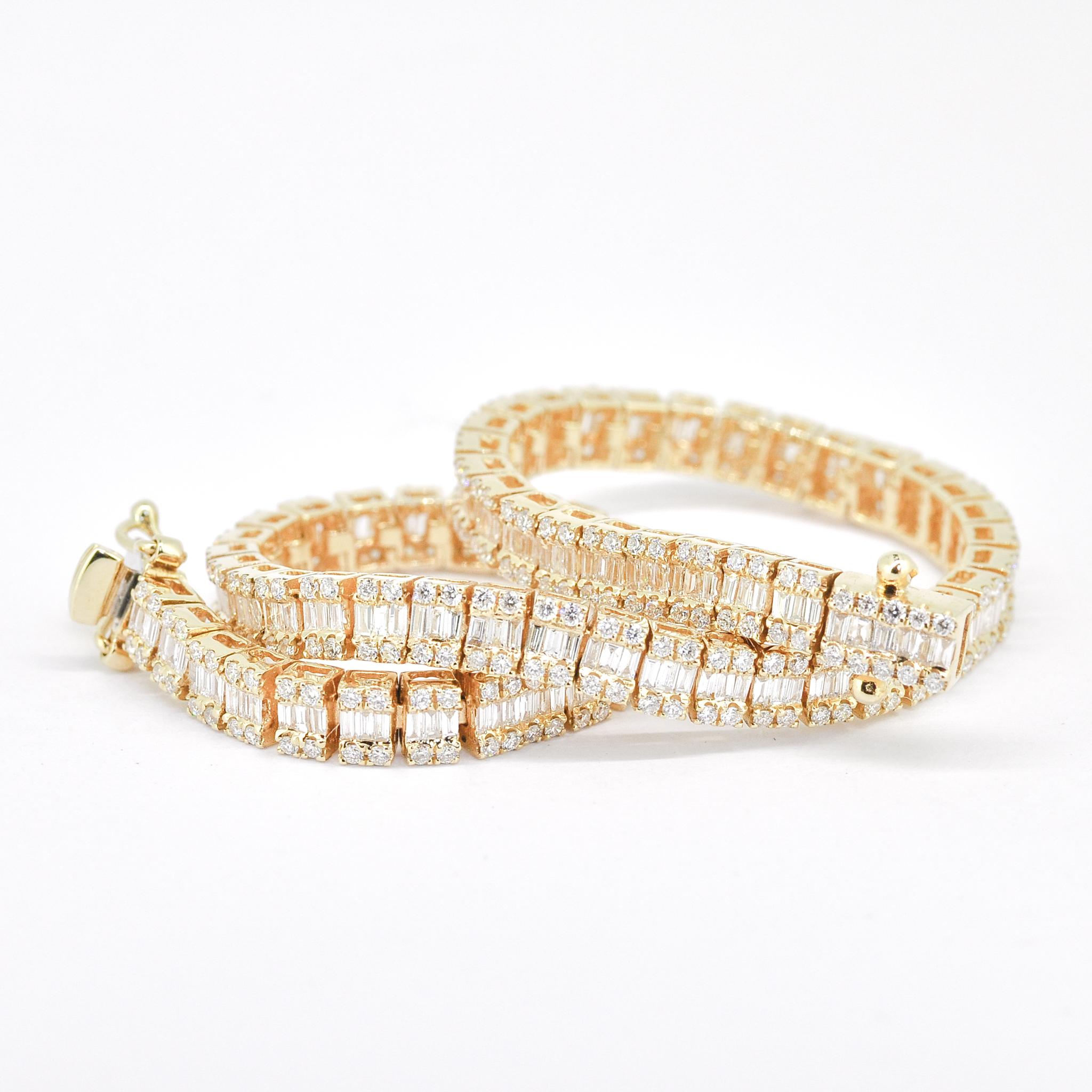 Artfully crafted in 18KT Yellow gold, this exquisite bracelet showcases the soft shimmer of diamond baguettes, each gorgeously enhanced by borders of round-shaped diamonds. 

The meticulous setting highlights the sleek geometry of the baguettes,