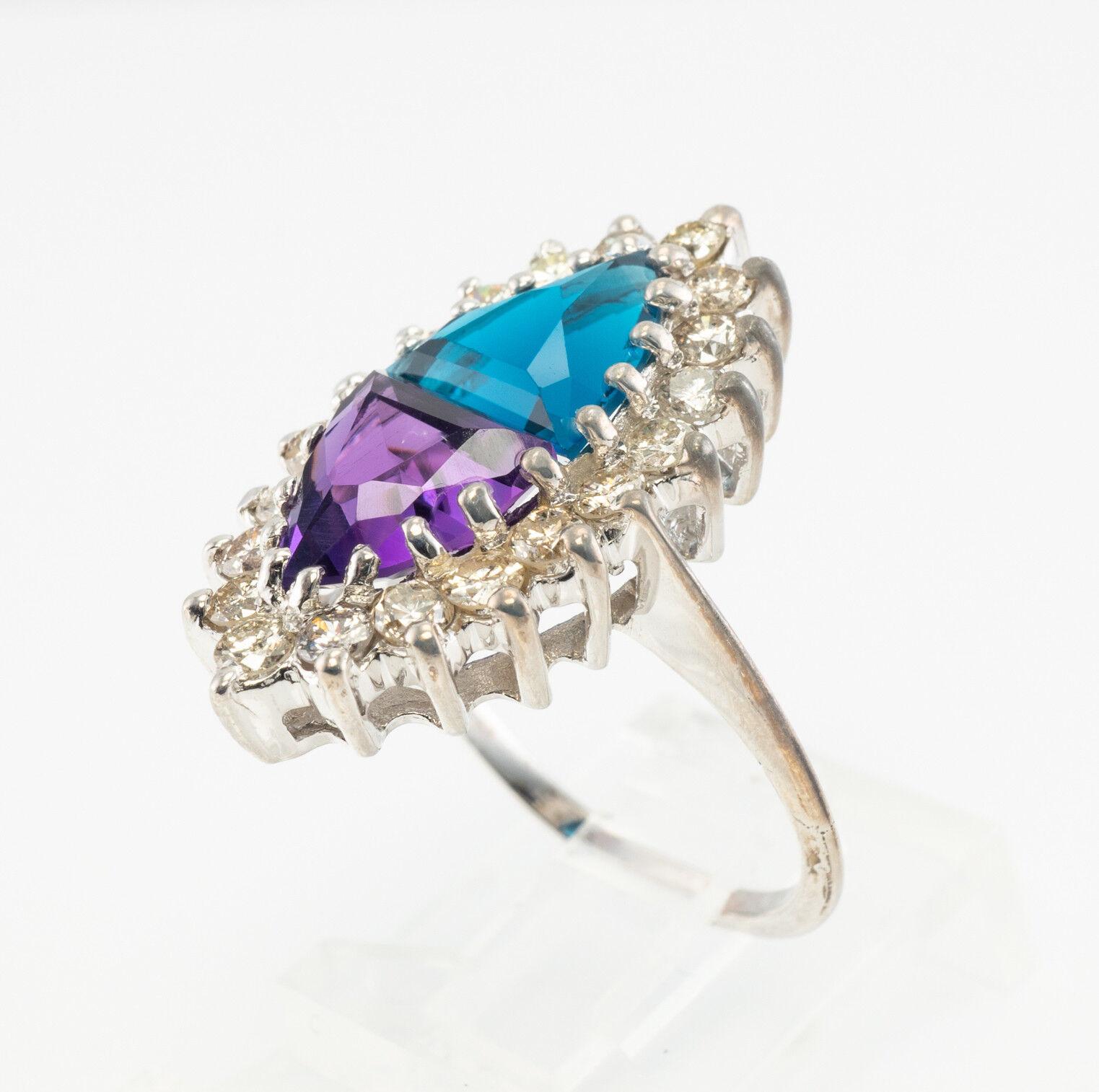 Anillo Diamante Natural Amatista Topacio Oro Blanco 14K Trillón en venta 6