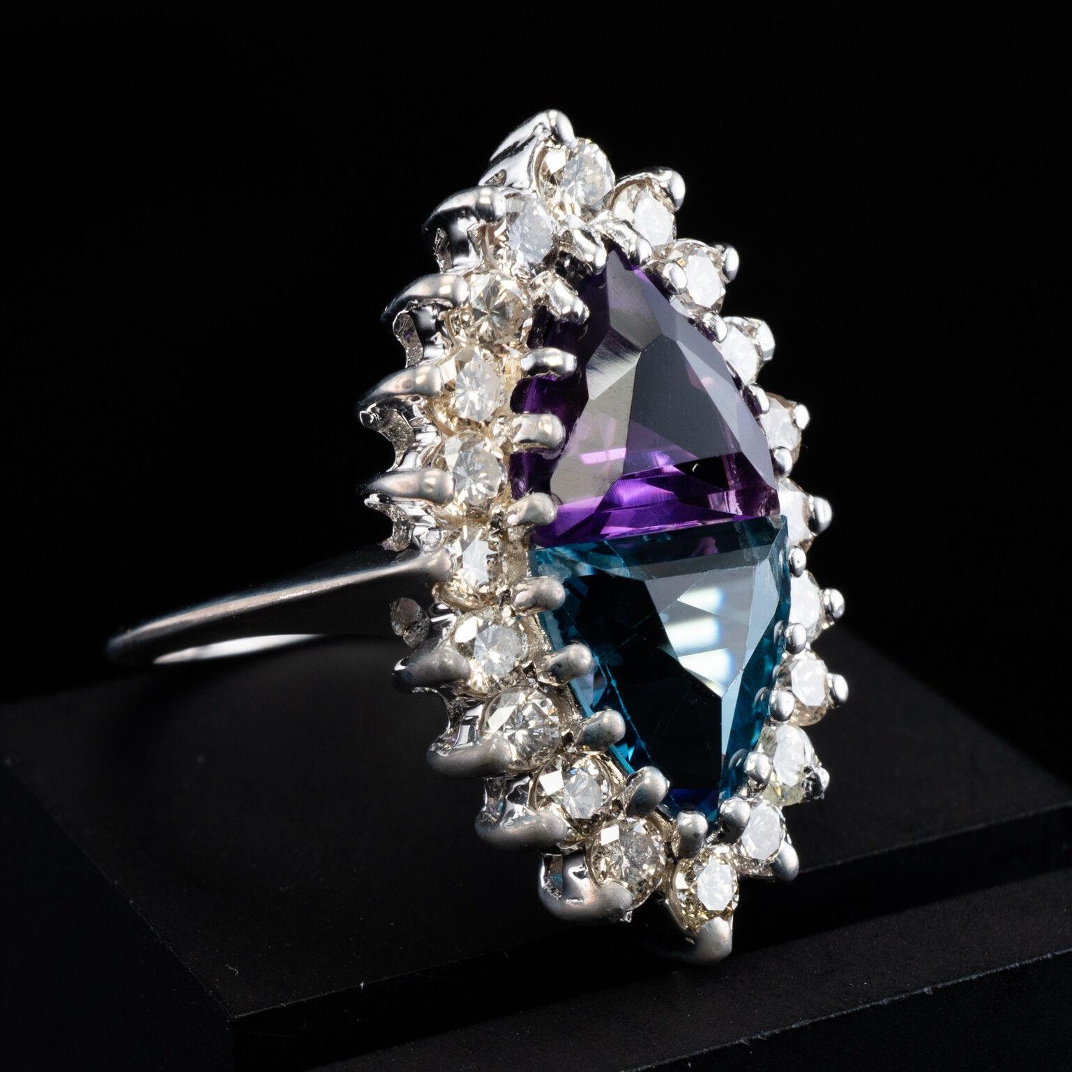 Trillion Cut Natural Diamond Amethyst Topaz Ring 14K White Gold Trillion For Sale