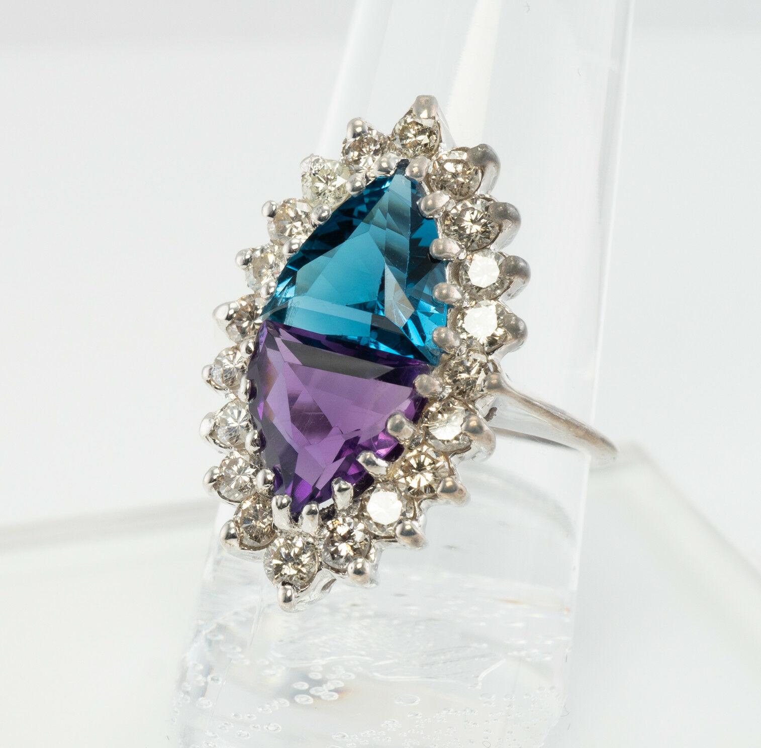 Women's Natural Diamond Amethyst Topaz Ring 14K White Gold Trillion For Sale