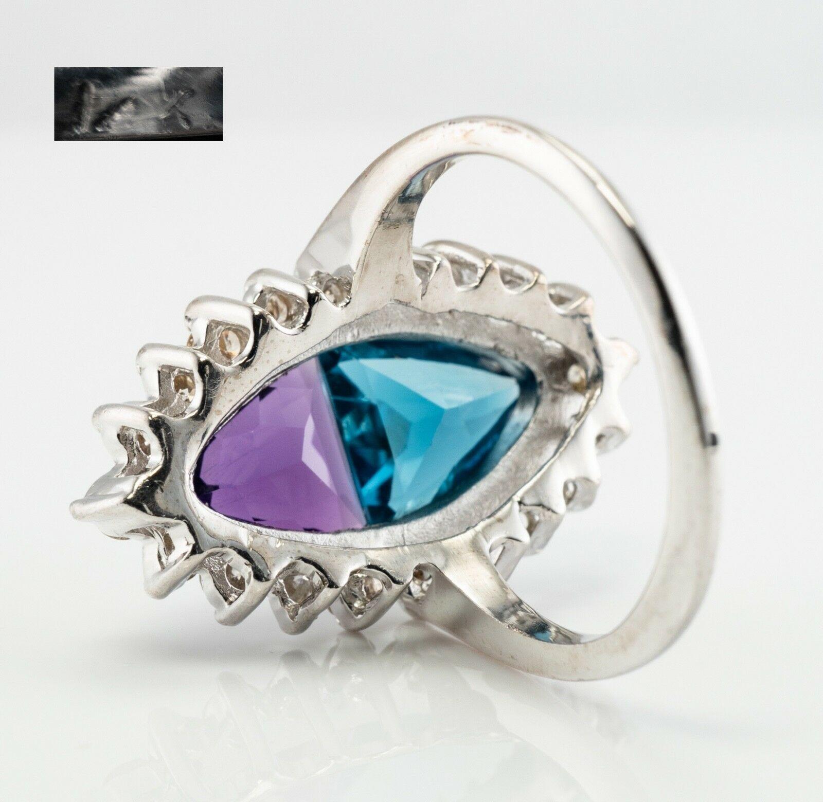 Natural Diamond Amethyst Topaz Ring 14K White Gold Trillion For Sale 2