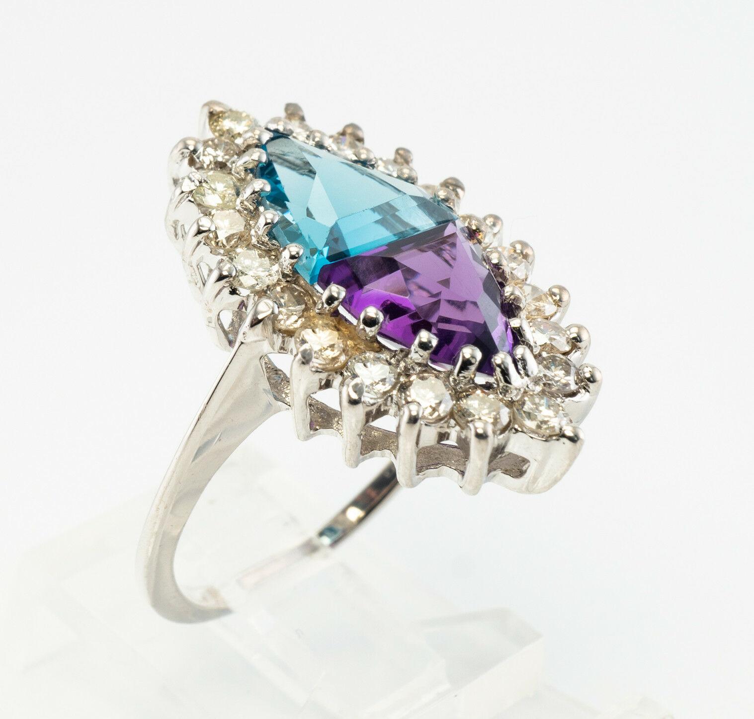 Natural Diamond Amethyst Topaz Ring 14K White Gold Trillion For Sale 4