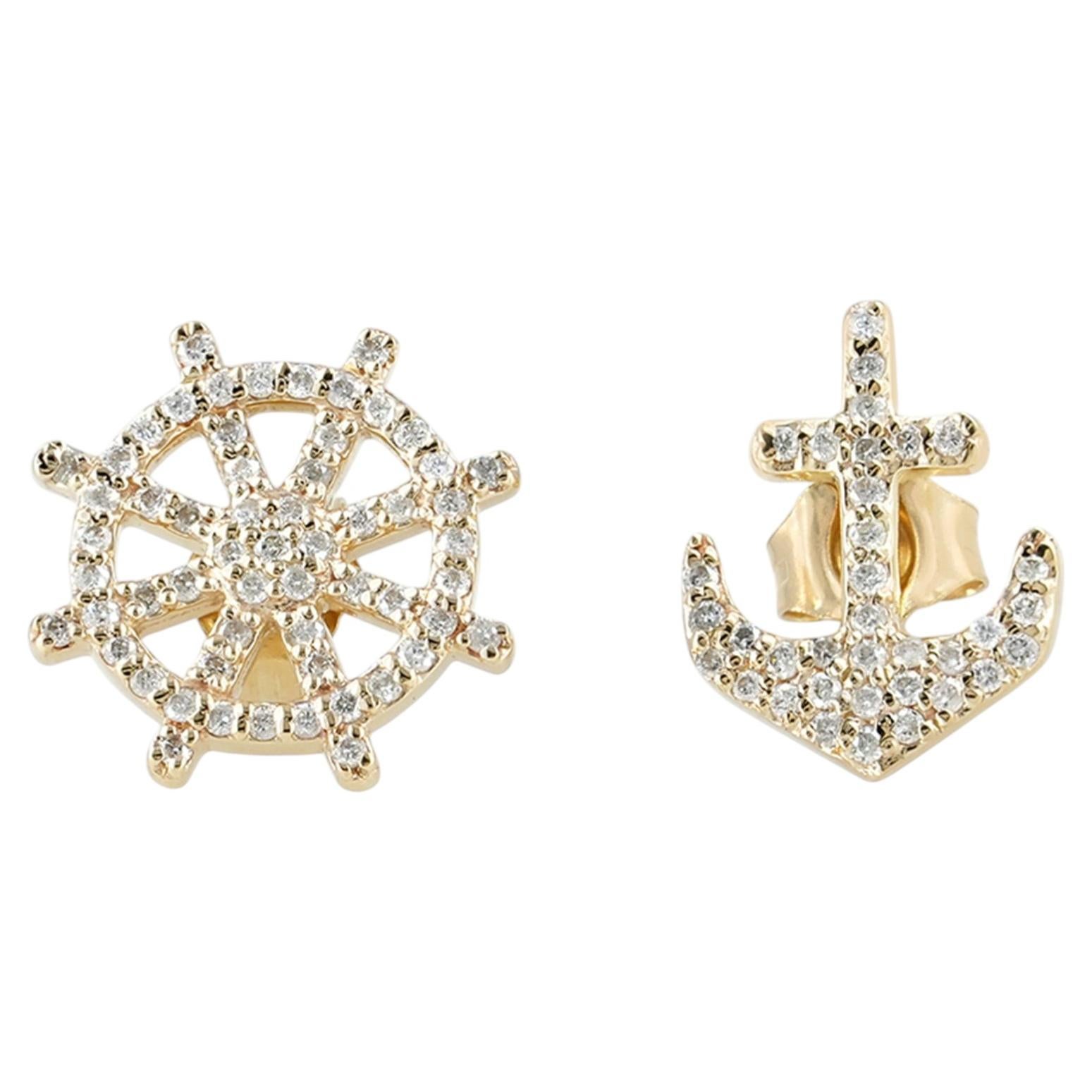 Natural Diamond Anchor Helm Stud Earrings 14k Gold Fine Jewelry Unisex For Sale