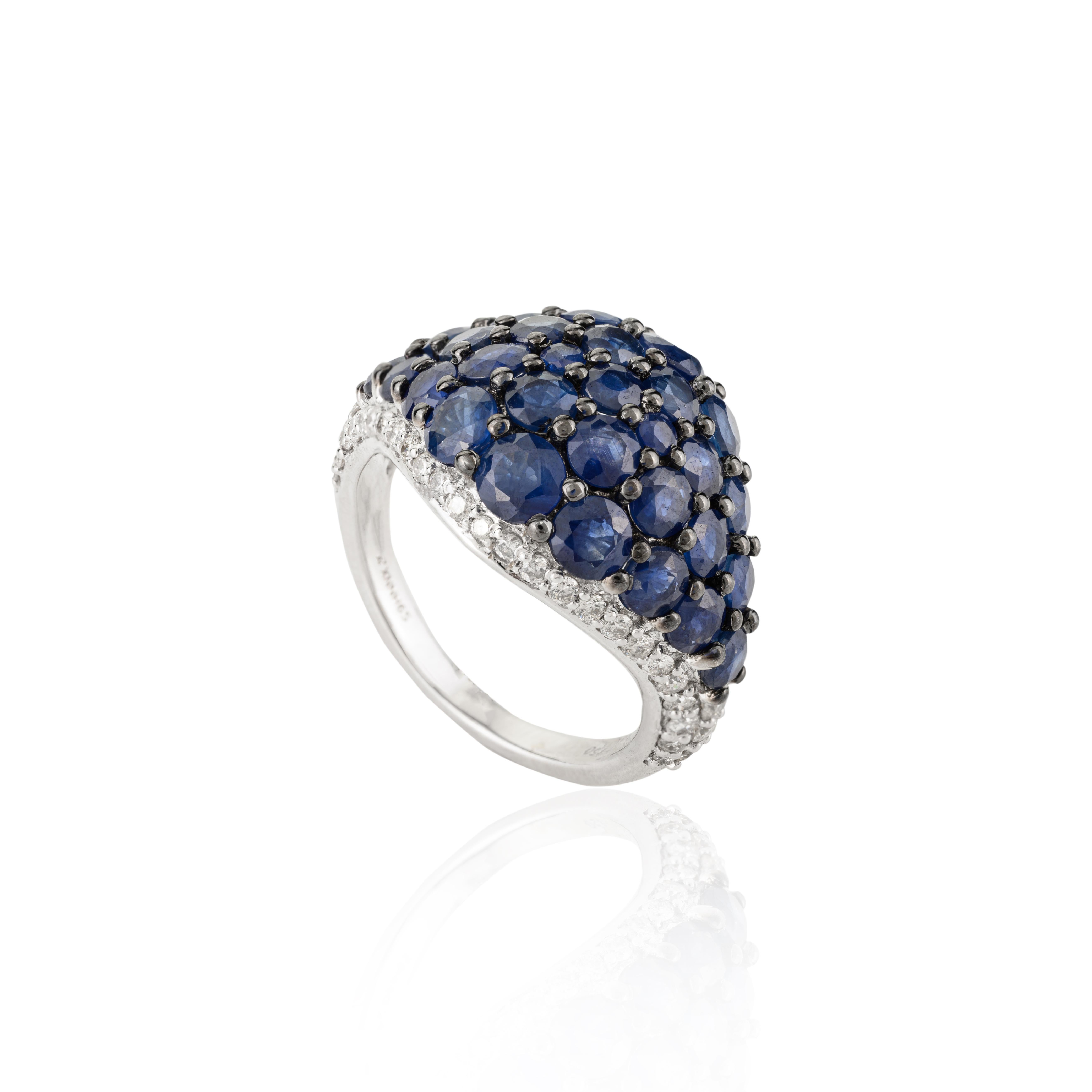 For Sale:  Natural Diamond and 4.64 CTW Blue Sapphire Cluster Dome Ring in 18k White Gold 7