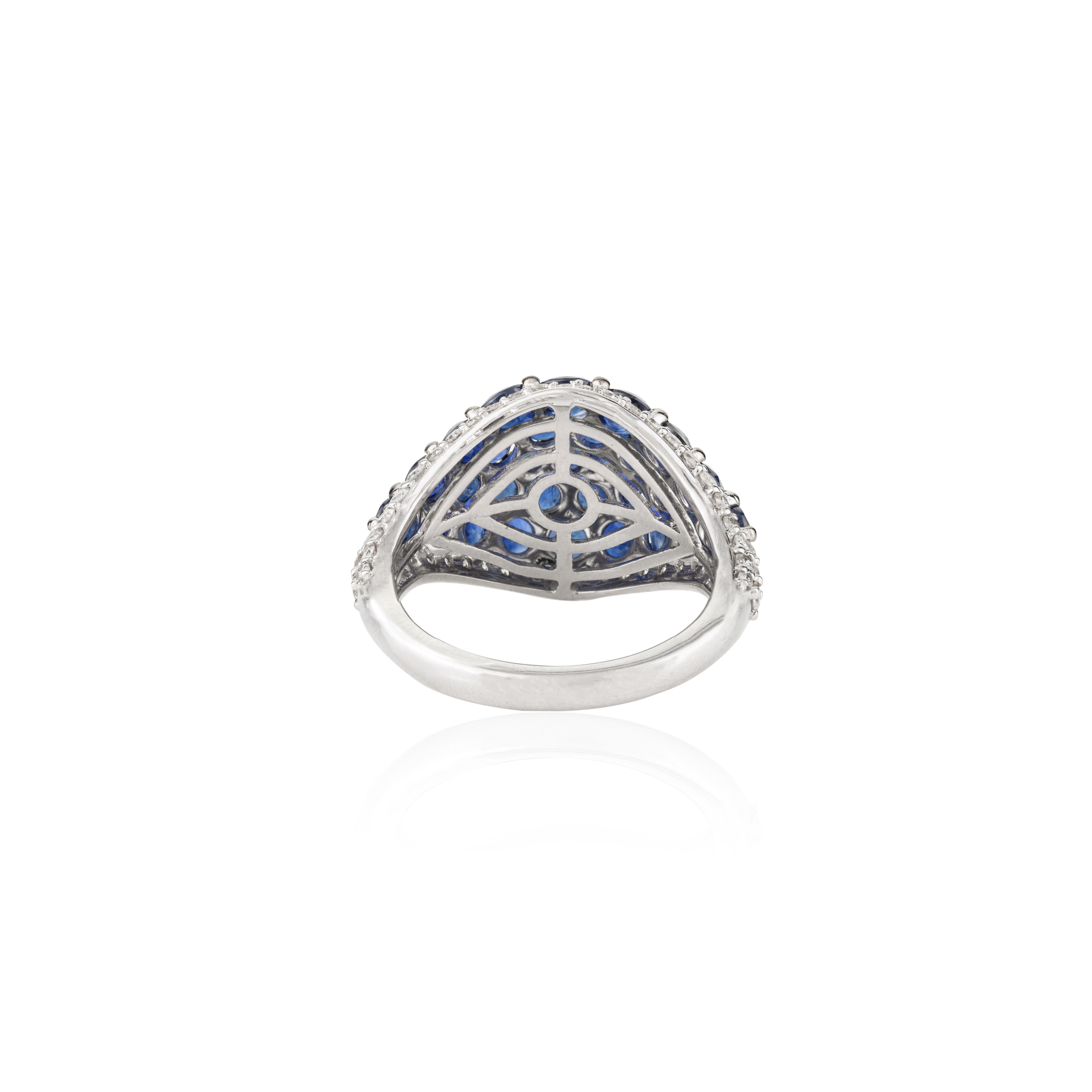 For Sale:  Natural Diamond and 4.64 CTW Blue Sapphire Cluster Dome Ring in 18k White Gold 9