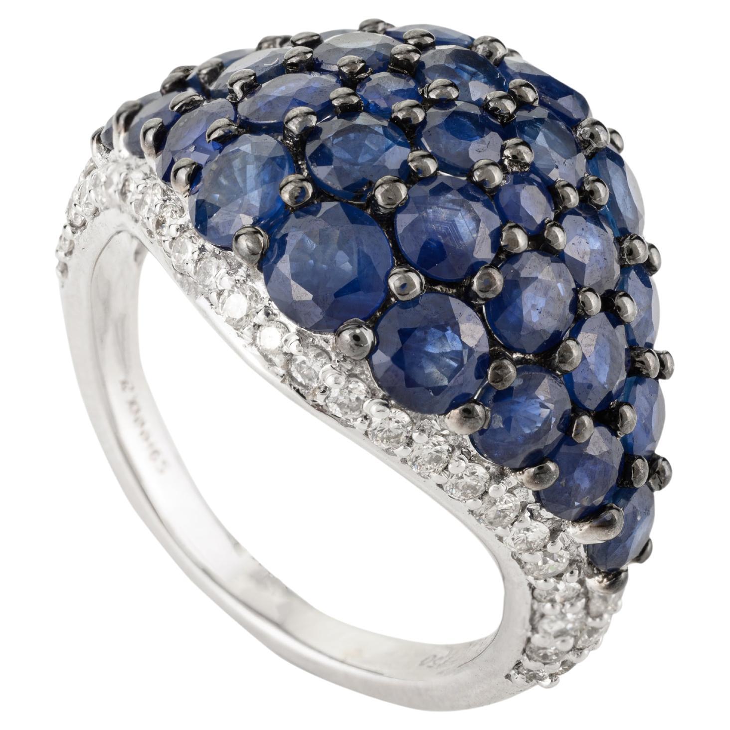 For Sale:  Natural Diamond and 4.64 CTW Blue Sapphire Cluster Dome Ring in 18k White Gold