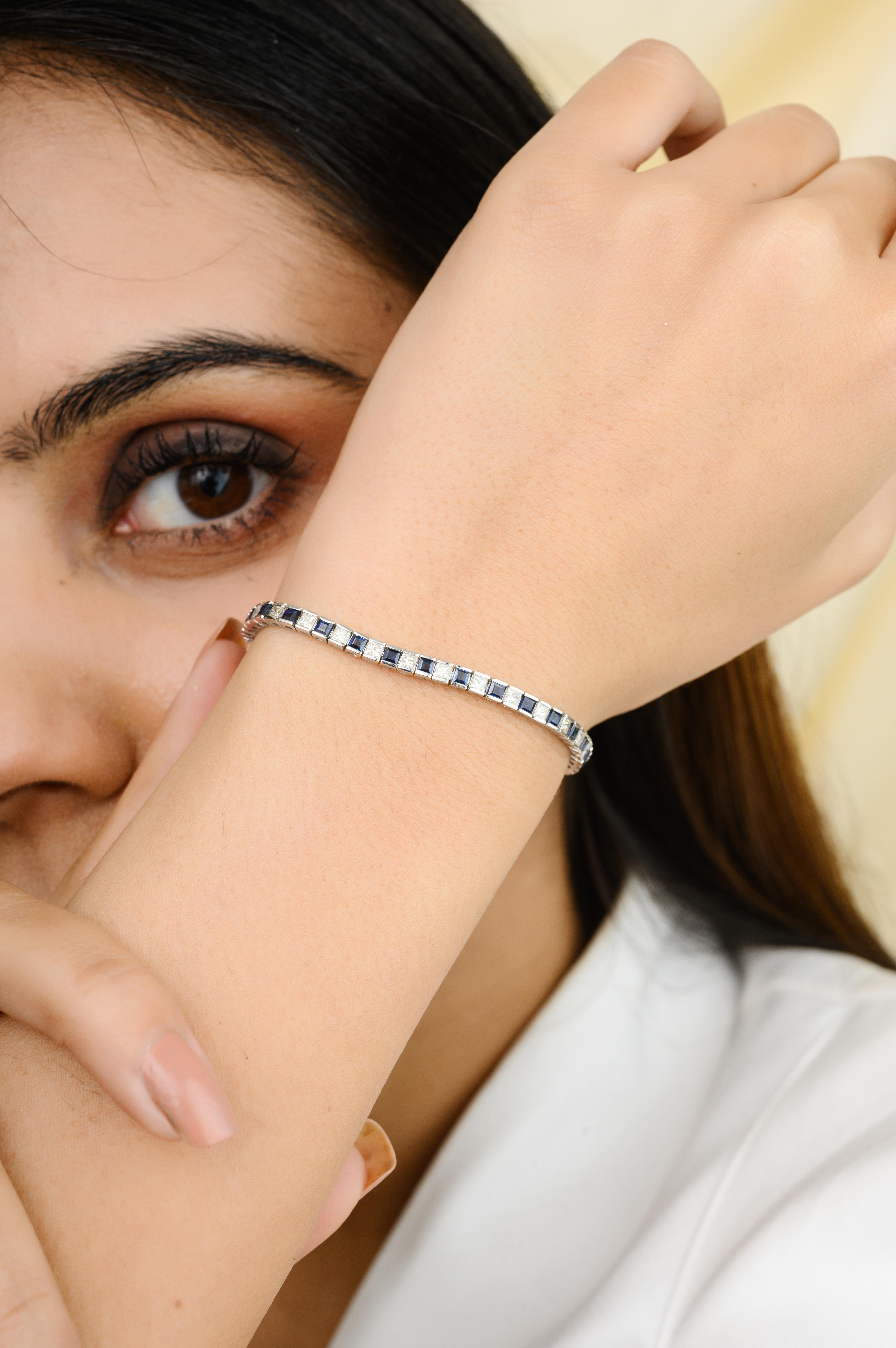 Taille carrée Bracelet ligne alternative en or blanc 18 carats, diamant naturel et saphir bleu en vente
