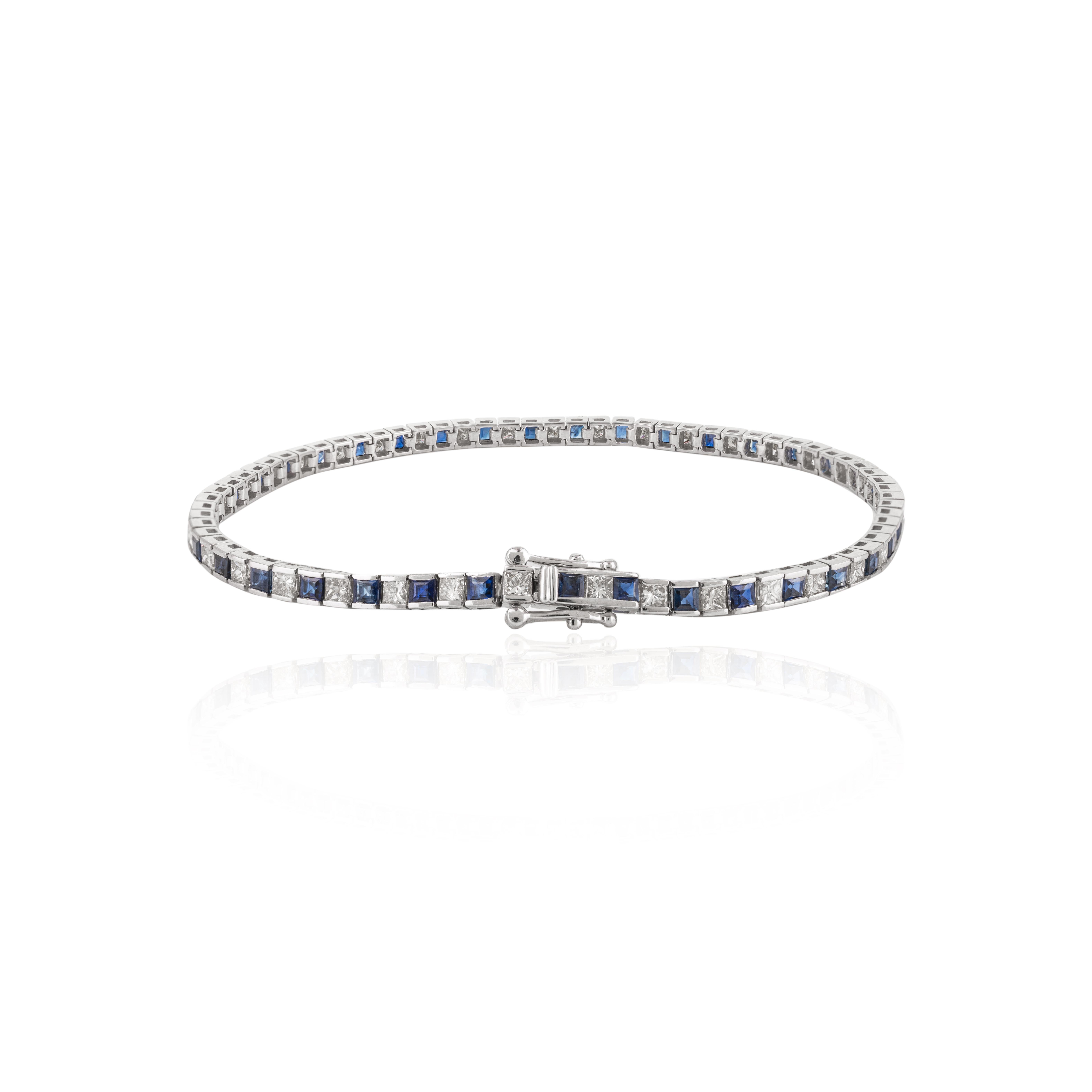 Bracelet ligne alternative en or blanc 18 carats, diamant naturel et saphir bleu Neuf - En vente à Houston, TX
