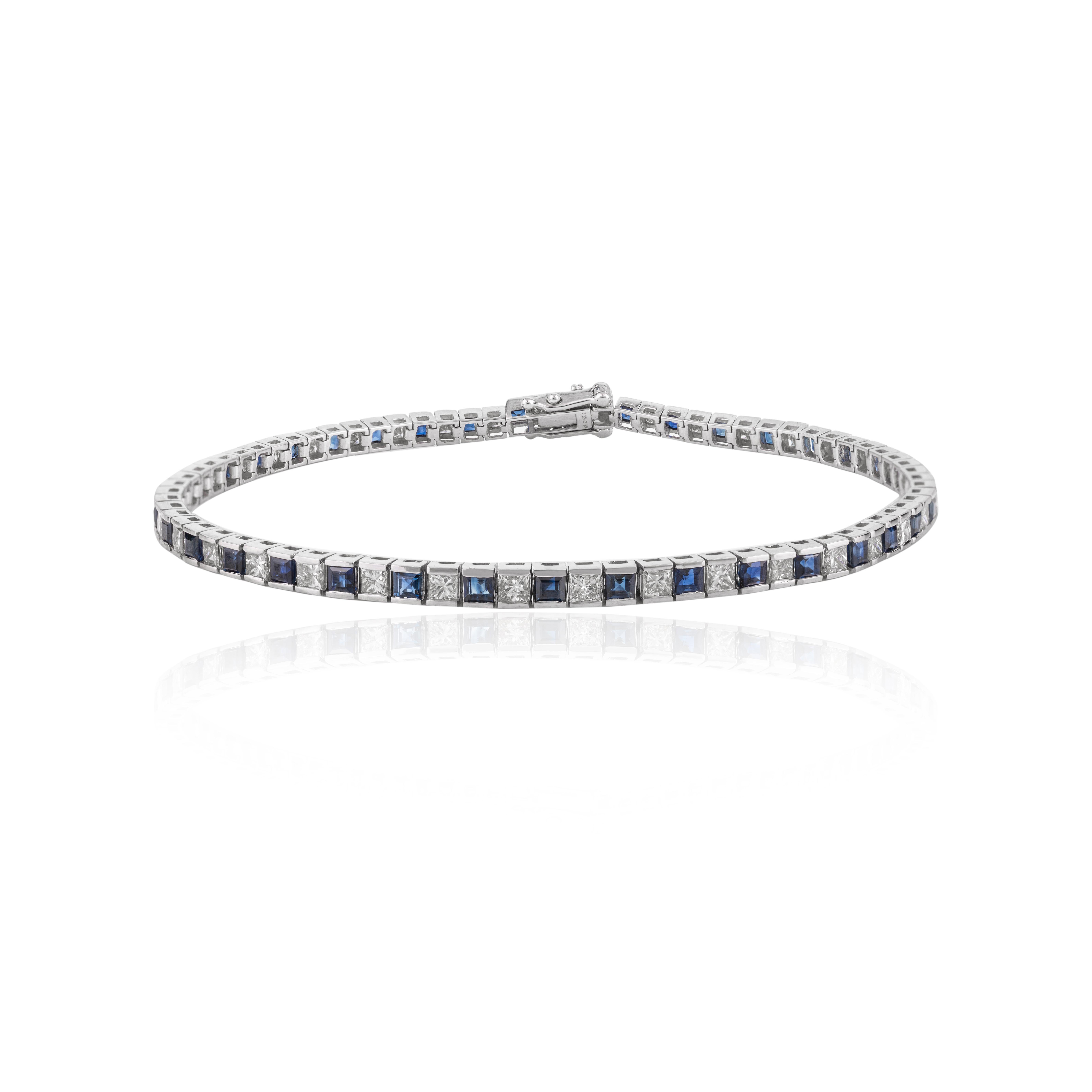 Bracelet ligne alternative en or blanc 18 carats, diamant naturel et saphir bleu Pour femmes en vente