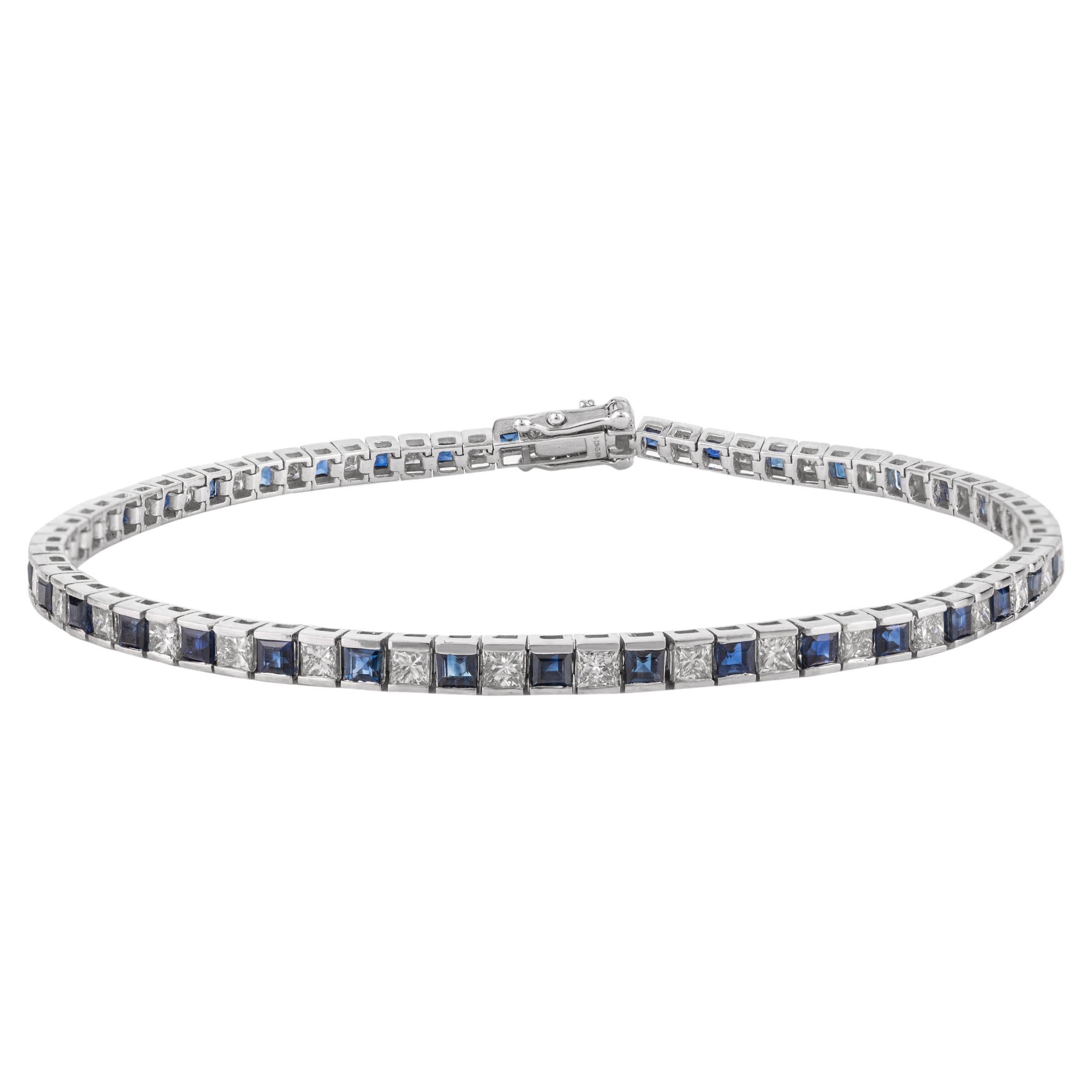 Natural Diamond and Blue Sapphire Alternative Line Bracelet in 18k White Gold